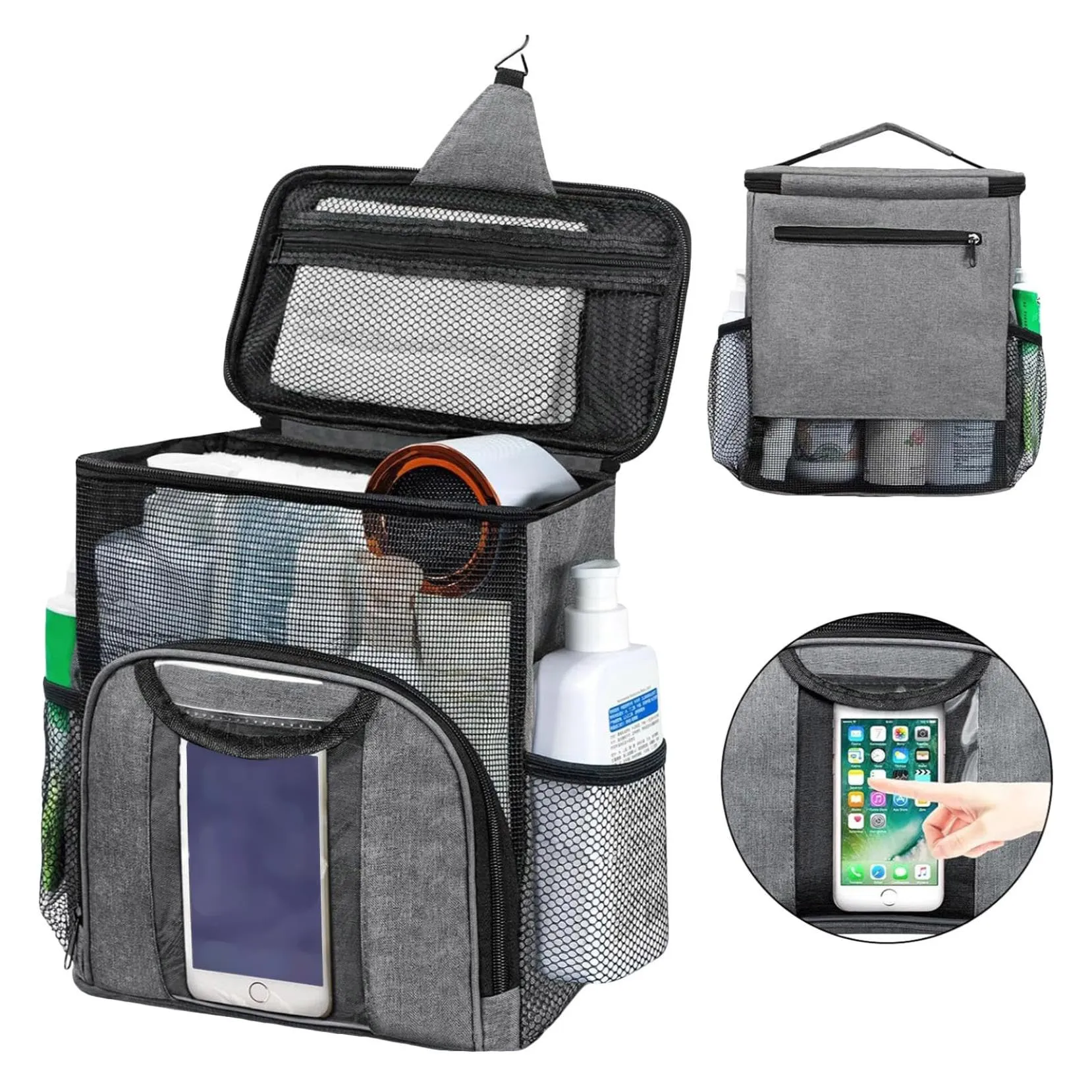 2024 Portable Shower Caddy Tote Bag, Large Capacity Shower Caddy Tote Bag, Quick Dry Mesh Hanging Toiletry Bag, Separate Compartment, Hanging Toiletry Bath Bag for Student, Gym, Camp, Travel (Grey)