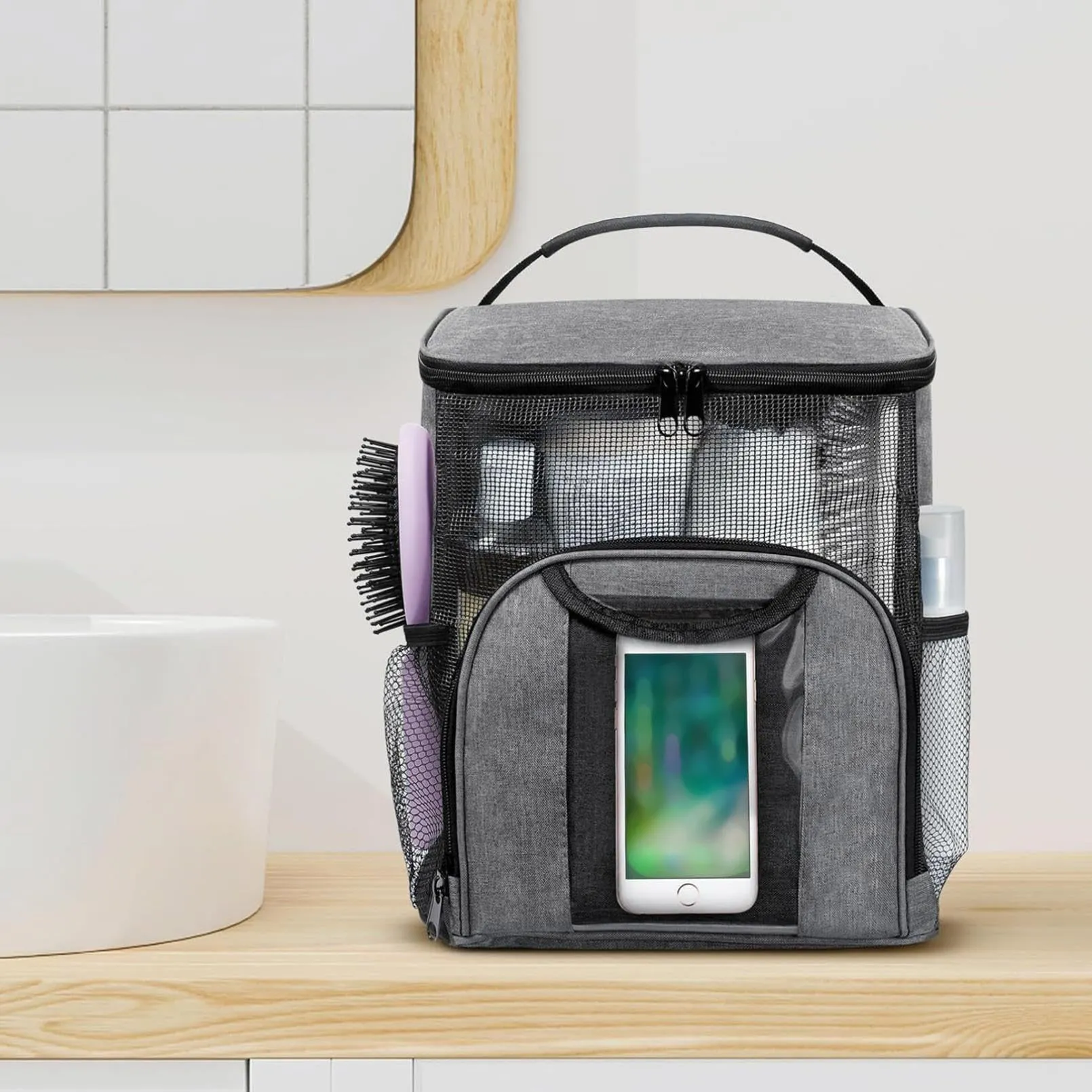 2024 Portable Shower Caddy Tote Bag, Large Capacity Shower Caddy Tote Bag, Quick Dry Mesh Hanging Toiletry Bag, Separate Compartment, Hanging Toiletry Bath Bag for Student, Gym, Camp, Travel (Grey)