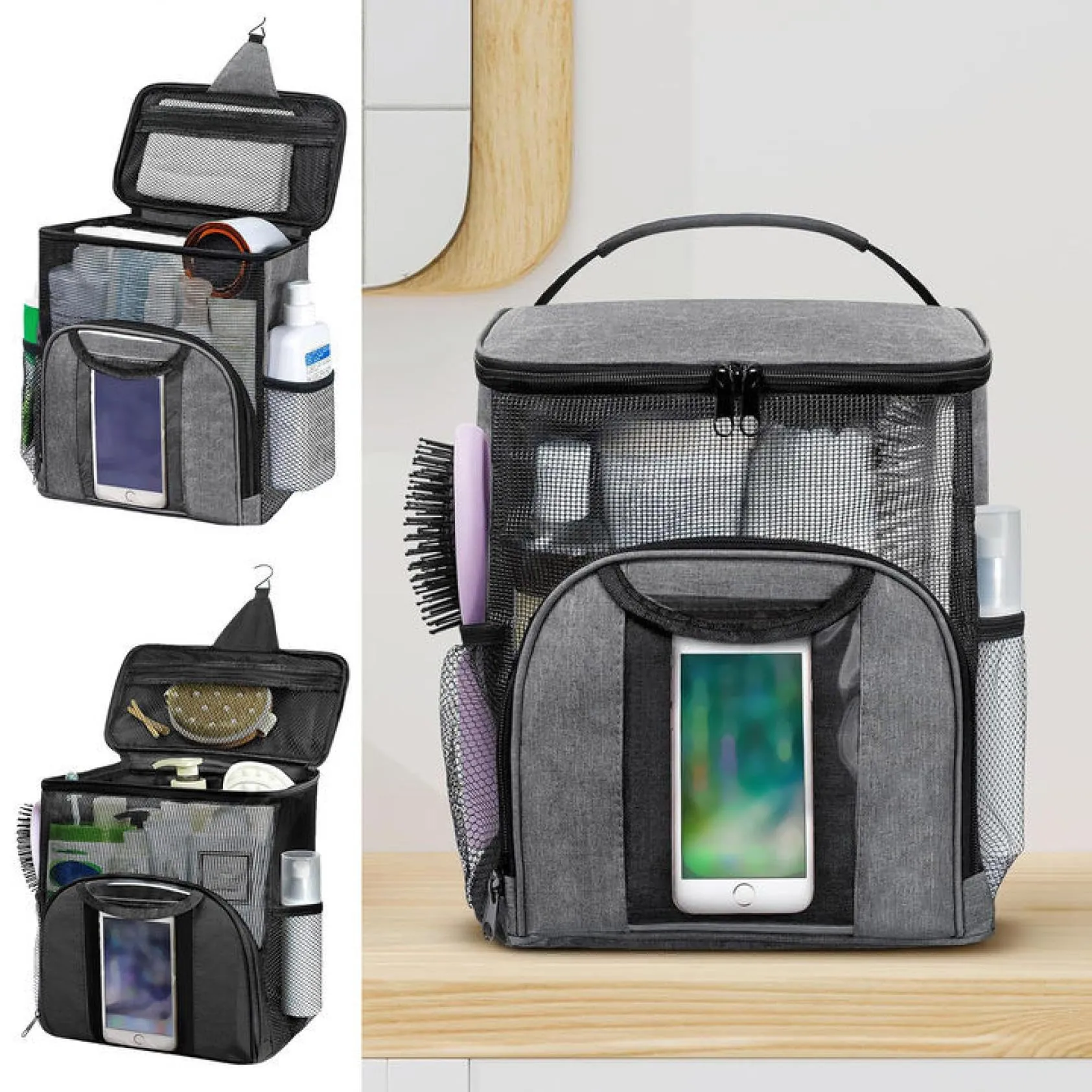 2024 Portable Shower Caddy Tote Bag, Large Capacity Shower Caddy Tote Bag, Quick Dry Mesh Hanging Toiletry Bag, Separate Compartment, Hanging Toiletry Bath Bag for Student, Gym, Camp, Travel (Grey)