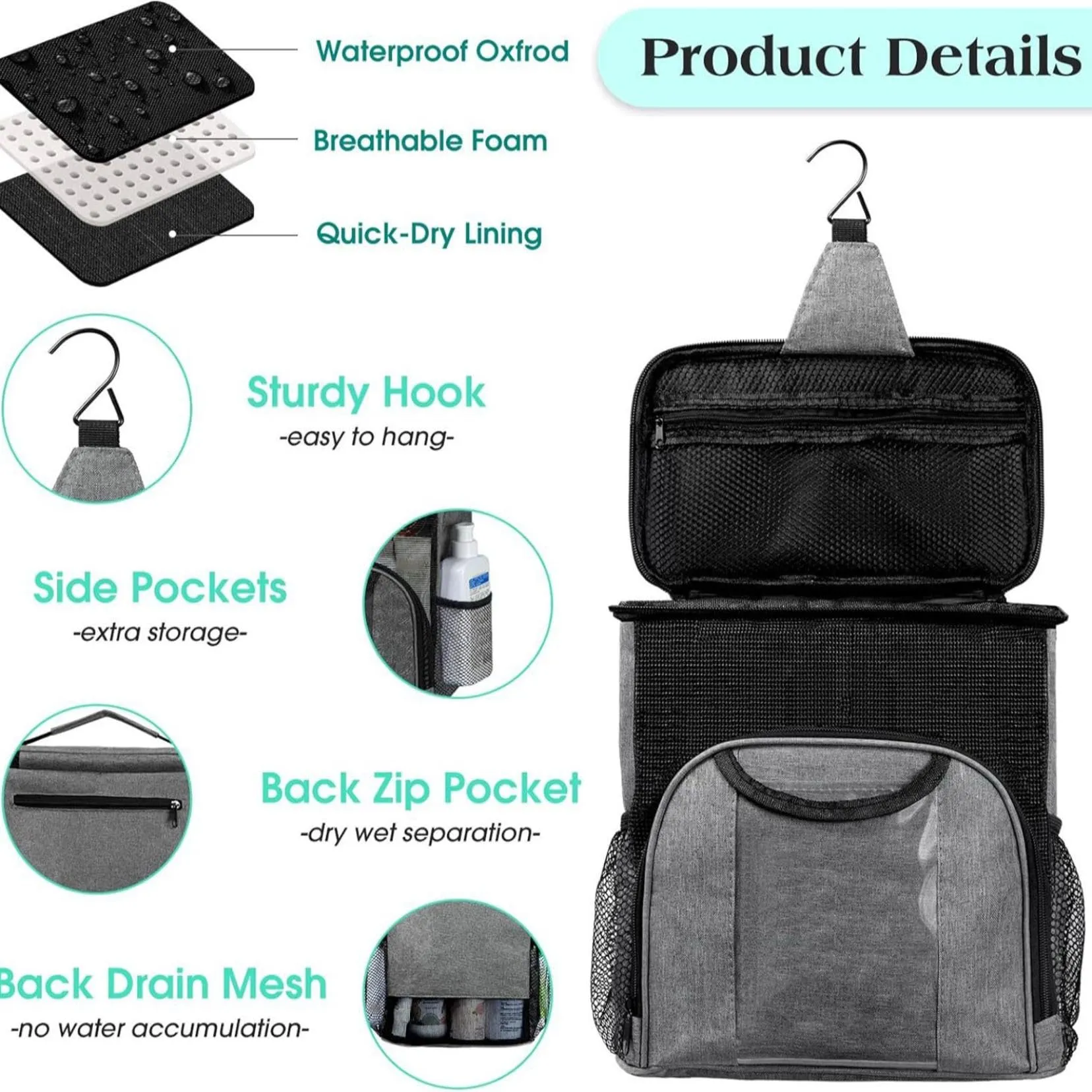 2024 Portable Shower Caddy Tote Bag, Large Capacity Shower Caddy Tote Bag, Quick Dry Mesh Hanging Toiletry Bag, Separate Compartment, Hanging Toiletry Bath Bag for Student, Gym, Camp, Travel (Grey)