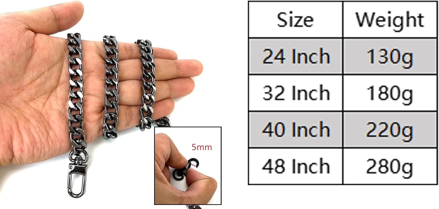 24 Inch Metal Matte Black Purse Chain Purse Strap Handheld Underarm Link Chain Replacement for Clutch Wristlet Baguette Bag Handbag Tote Bag