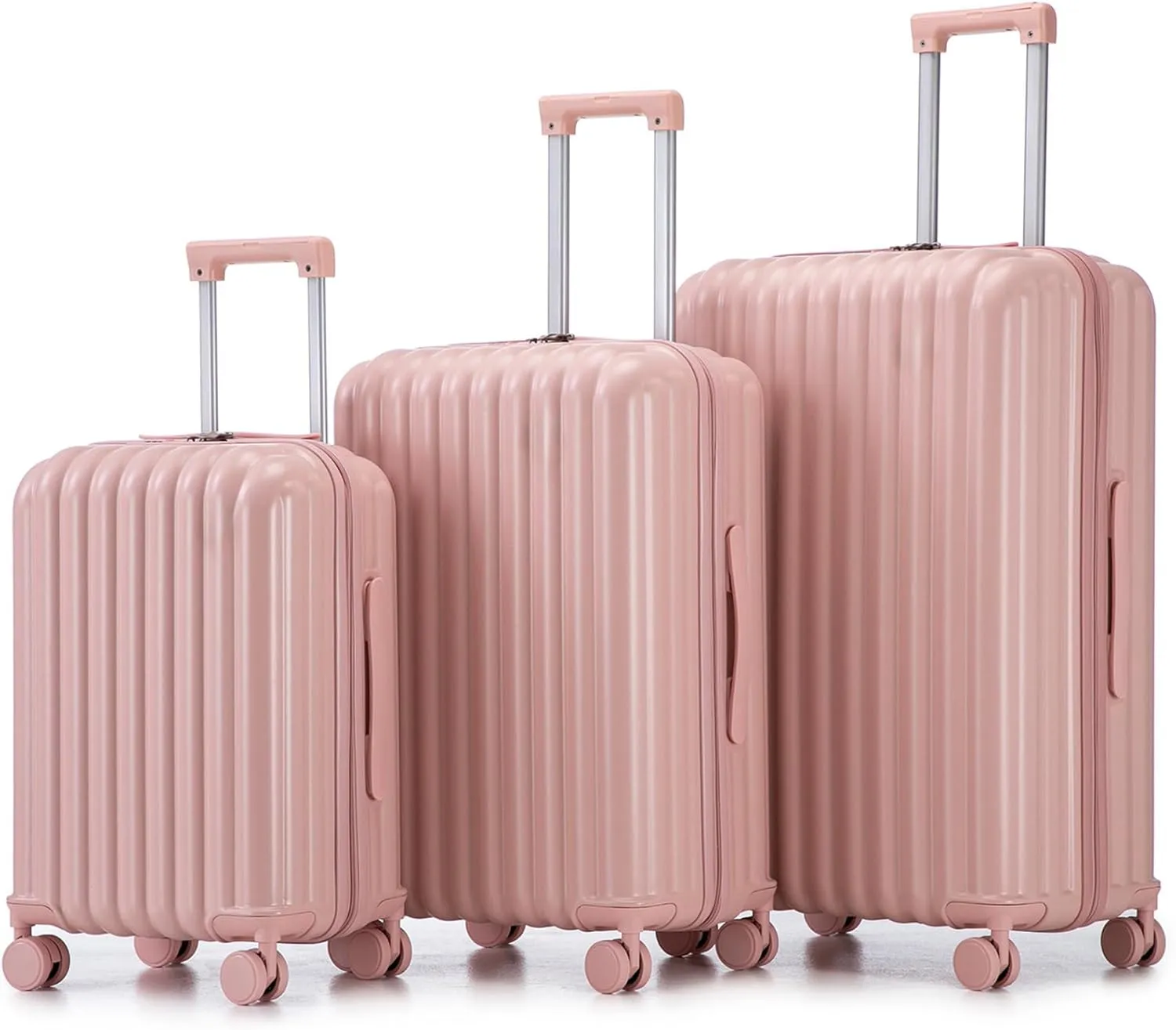 3-Piece Hardshell Luggage Sets with Charging Ports & Hook, Expandable Suitcase Set with Cup & Phone Holder, Luggage Sets Hardside Spinner Suitcases with Silent Wheels for Travel (Pink)