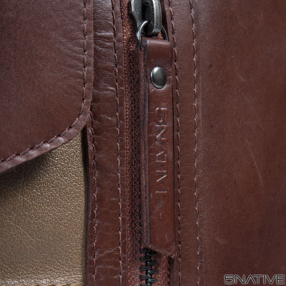 5NATIVE BROWN AND OLIVE EAST WEST LEATHER PORTFOLIO MESSENGER BAG