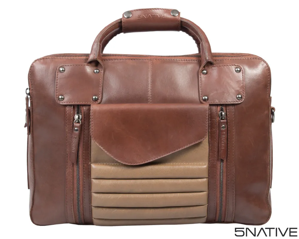 5NATIVE BROWN AND OLIVE EAST WEST LEATHER PORTFOLIO MESSENGER BAG