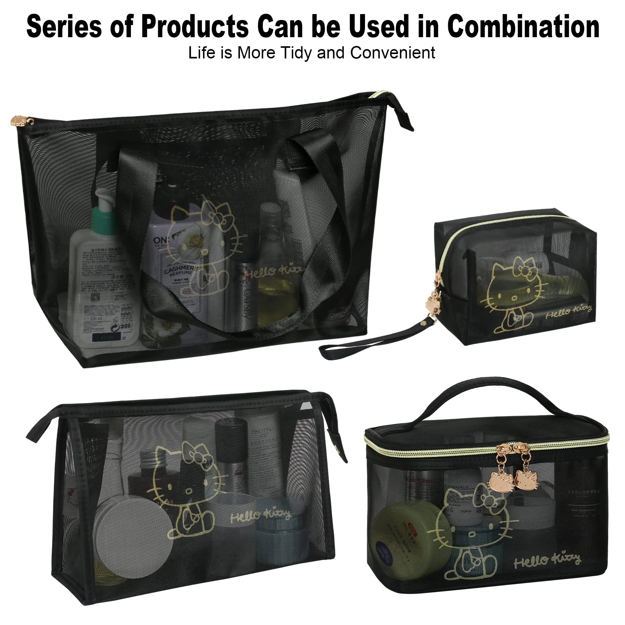 AmBealla Cosmetic Bag Mesh Large Capacity Travel Wash Bag Storage Bag (Three-piece set)