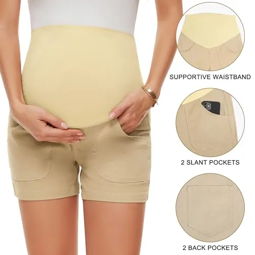 AMPOSH Women's Maternity Casual Cargo Shorts with Pockets Stretchy Summer Wear Pregnancy Clothes(Black, S)