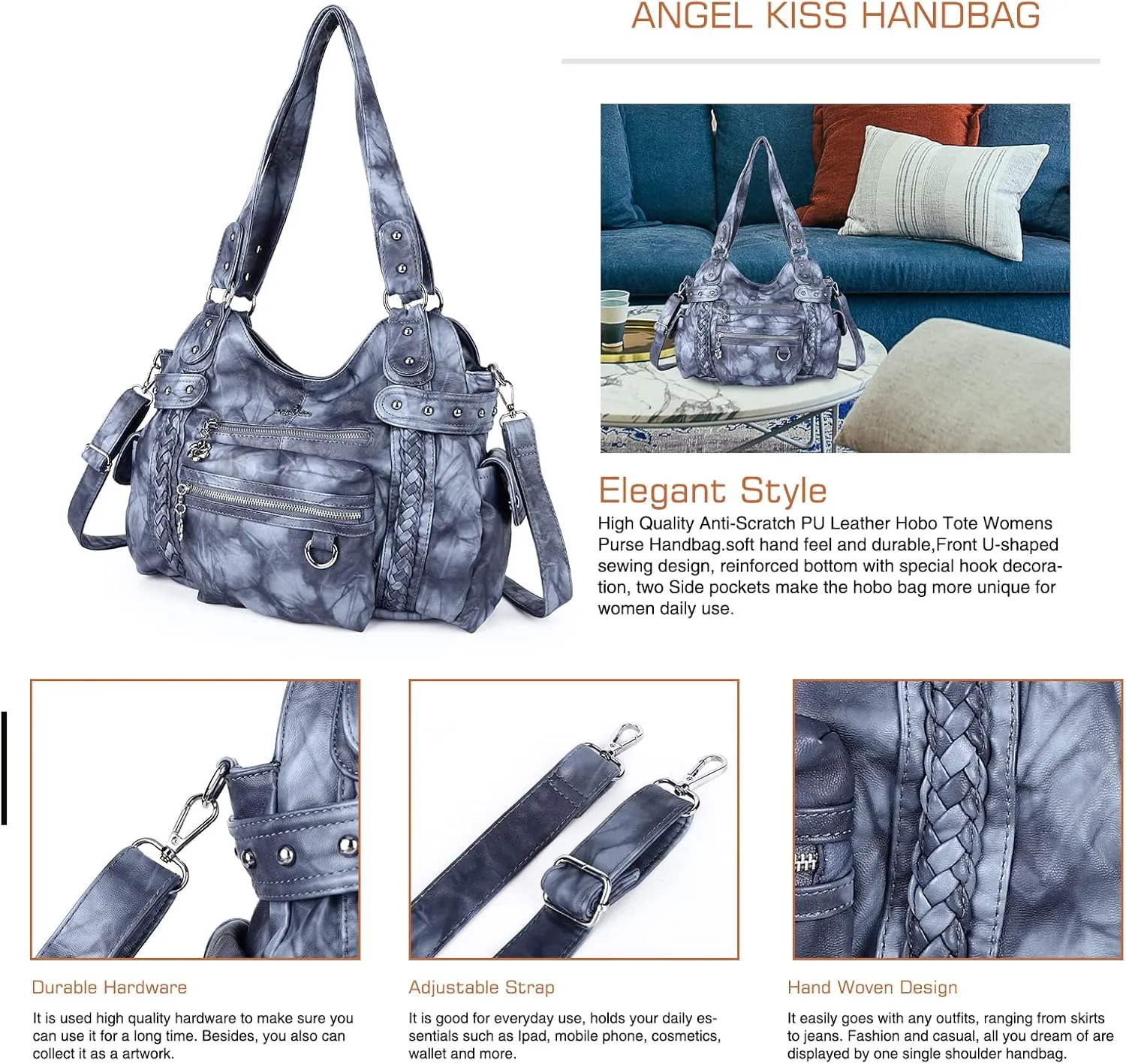 Angel Kiss Hobo Handbags for Women Soft PU Leather Shoulder Handbags Ladies Purses