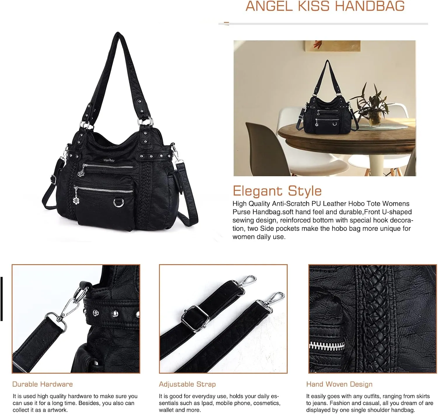 Angel Kiss Hobo Handbags for Women Soft PU Leather Shoulder Handbags Ladies Purses