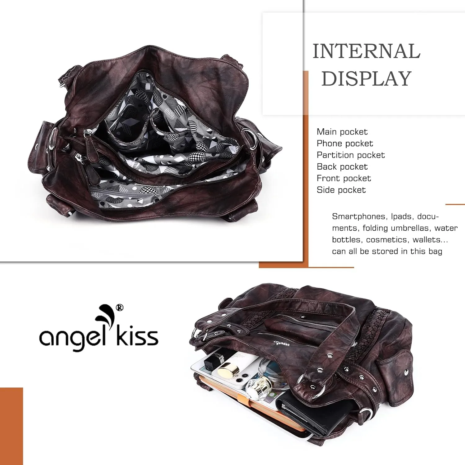 Angel Kiss Hobo Handbags for Women Soft PU Leather Shoulder Handbags Ladies Purses