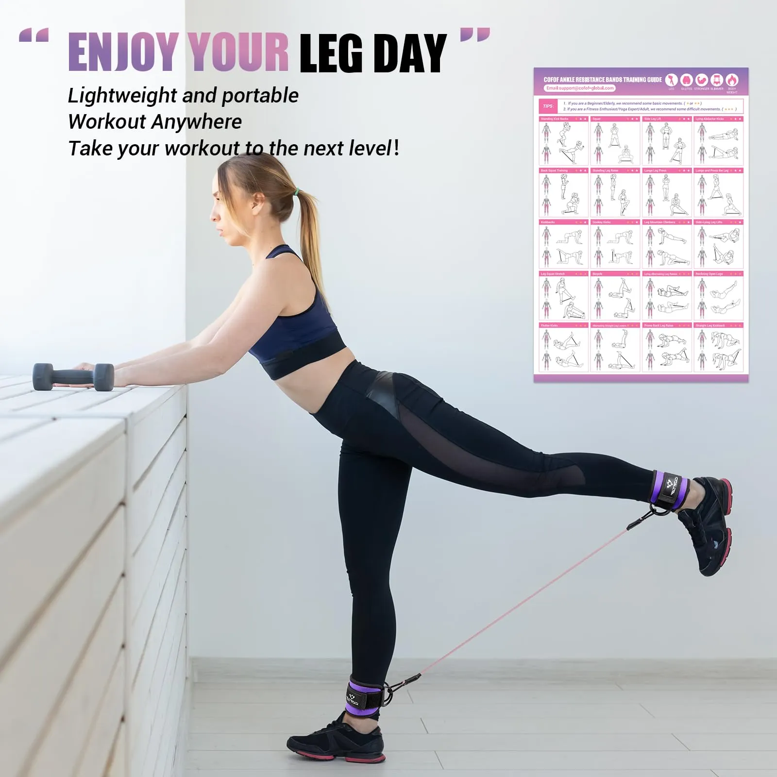 Ankle Resistance Bands with Cuffs, Ankle Bands for Working Out, Ankle Band Cuff for Kickbacks Hip, Leg Glute Exercise Equipment with Training Poster, Resistance Band with Ankle Cuffs for Women Purple