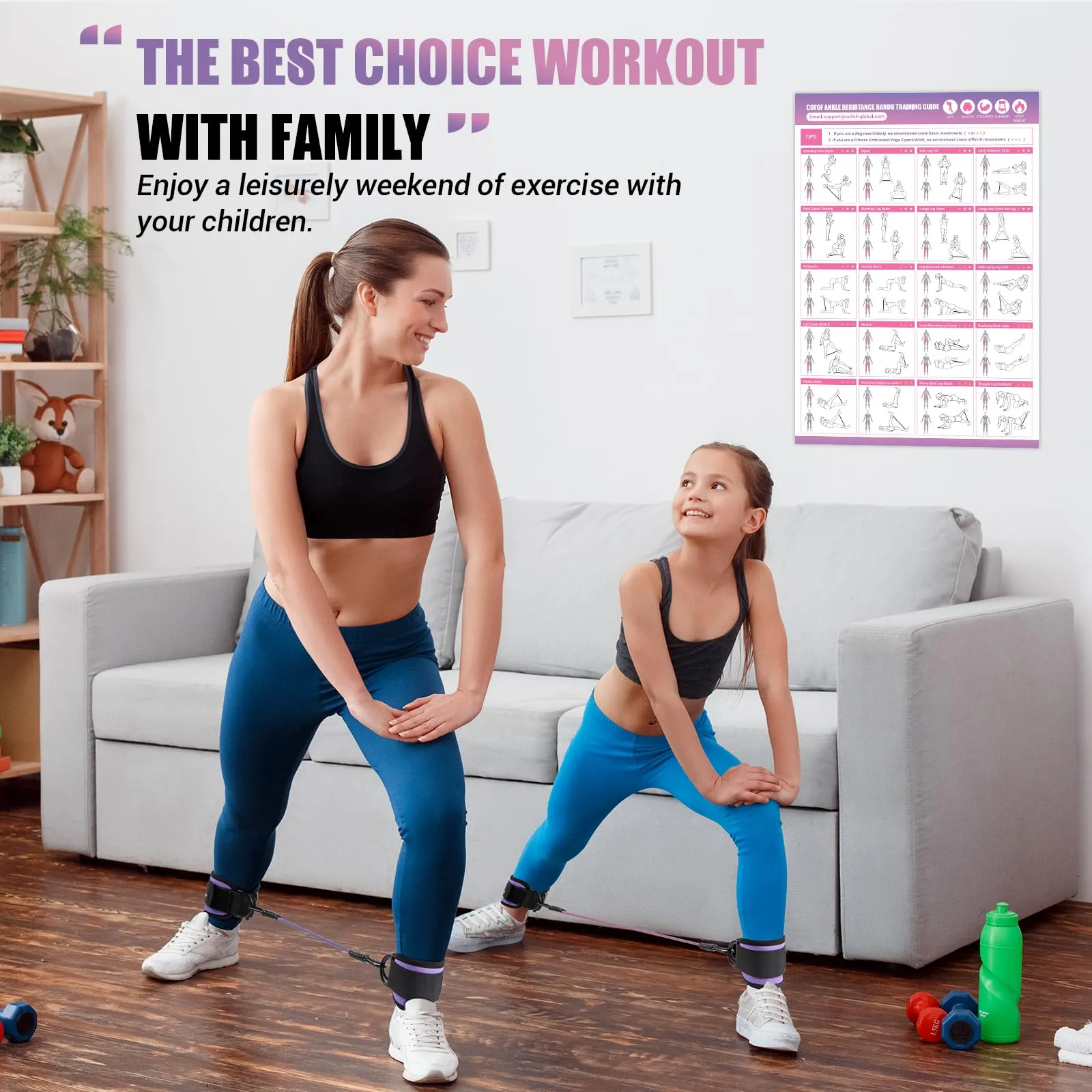 Ankle Resistance Bands with Cuffs, Ankle Bands for Working Out, Ankle Band Cuff for Kickbacks Hip, Leg Glute Exercise Equipment with Training Poster, Resistance Band with Ankle Cuffs for Women Purple