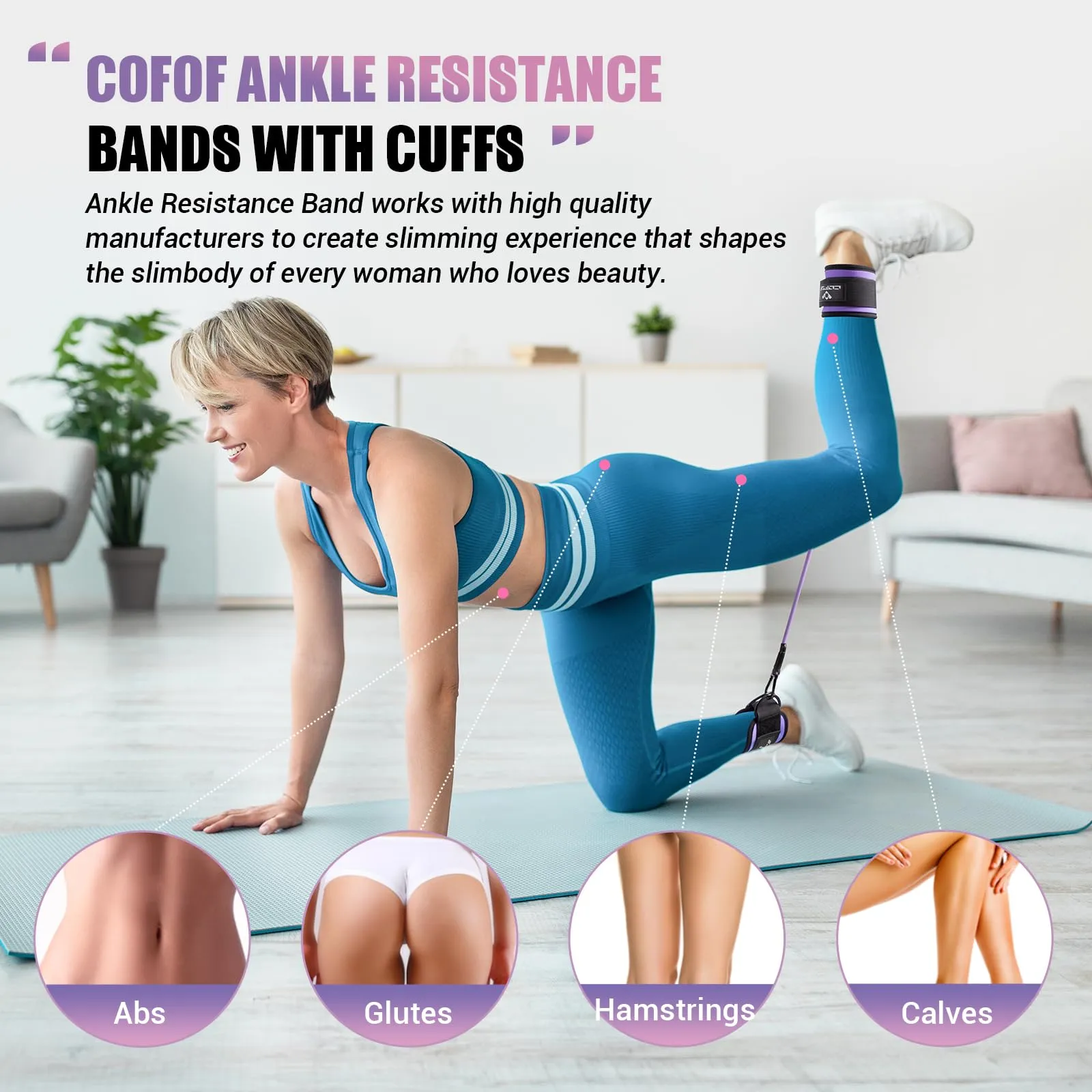Ankle Resistance Bands with Cuffs, Ankle Bands for Working Out, Ankle Band Cuff for Kickbacks Hip, Leg Glute Exercise Equipment with Training Poster, Resistance Band with Ankle Cuffs for Women Purple