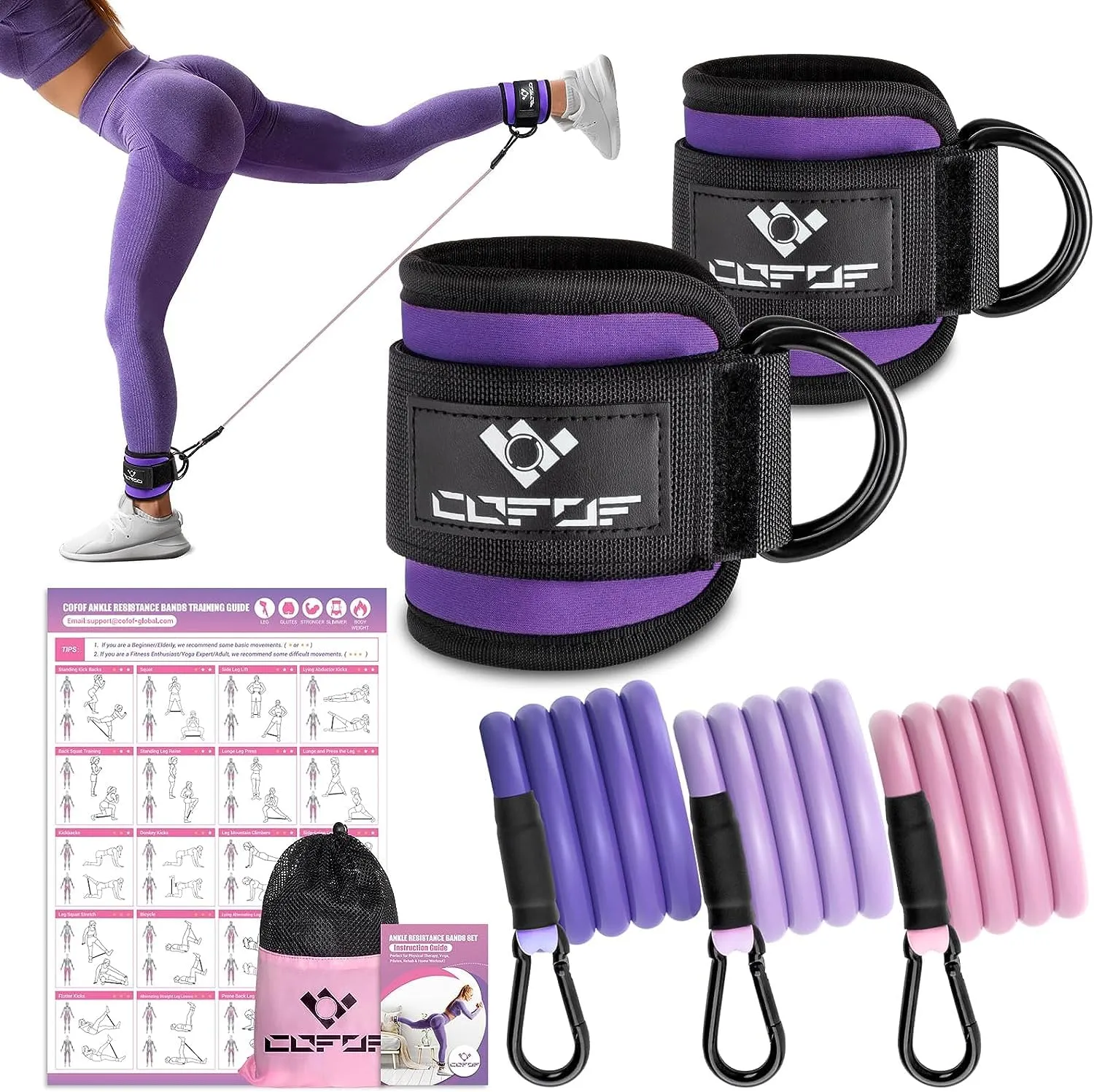Ankle Resistance Bands with Cuffs, Ankle Bands for Working Out, Ankle Band Cuff for Kickbacks Hip, Leg Glute Exercise Equipment with Training Poster, Resistance Band with Ankle Cuffs for Women Purple