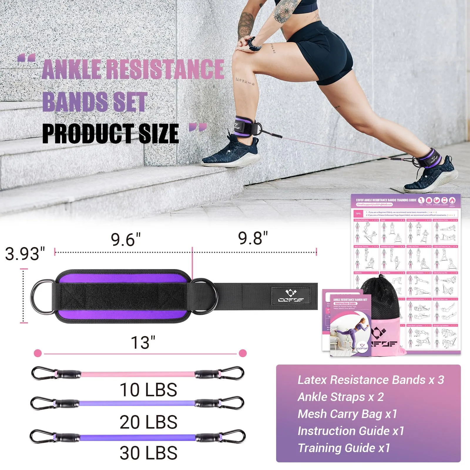 Ankle Resistance Bands with Cuffs, Ankle Bands for Working Out, Ankle Band Cuff for Kickbacks Hip, Leg Glute Exercise Equipment with Training Poster, Resistance Band with Ankle Cuffs for Women Purple