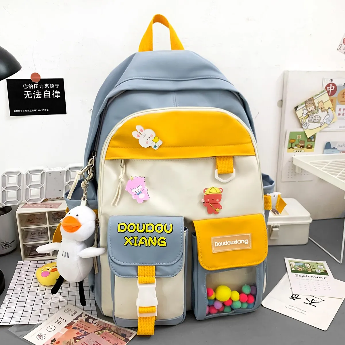 Back to College New Morandi Color Large Capacity Backpack Women Waterproof Schoolbag for Teenager Girls Cute Pins Kawaii Travel Hairball Bags