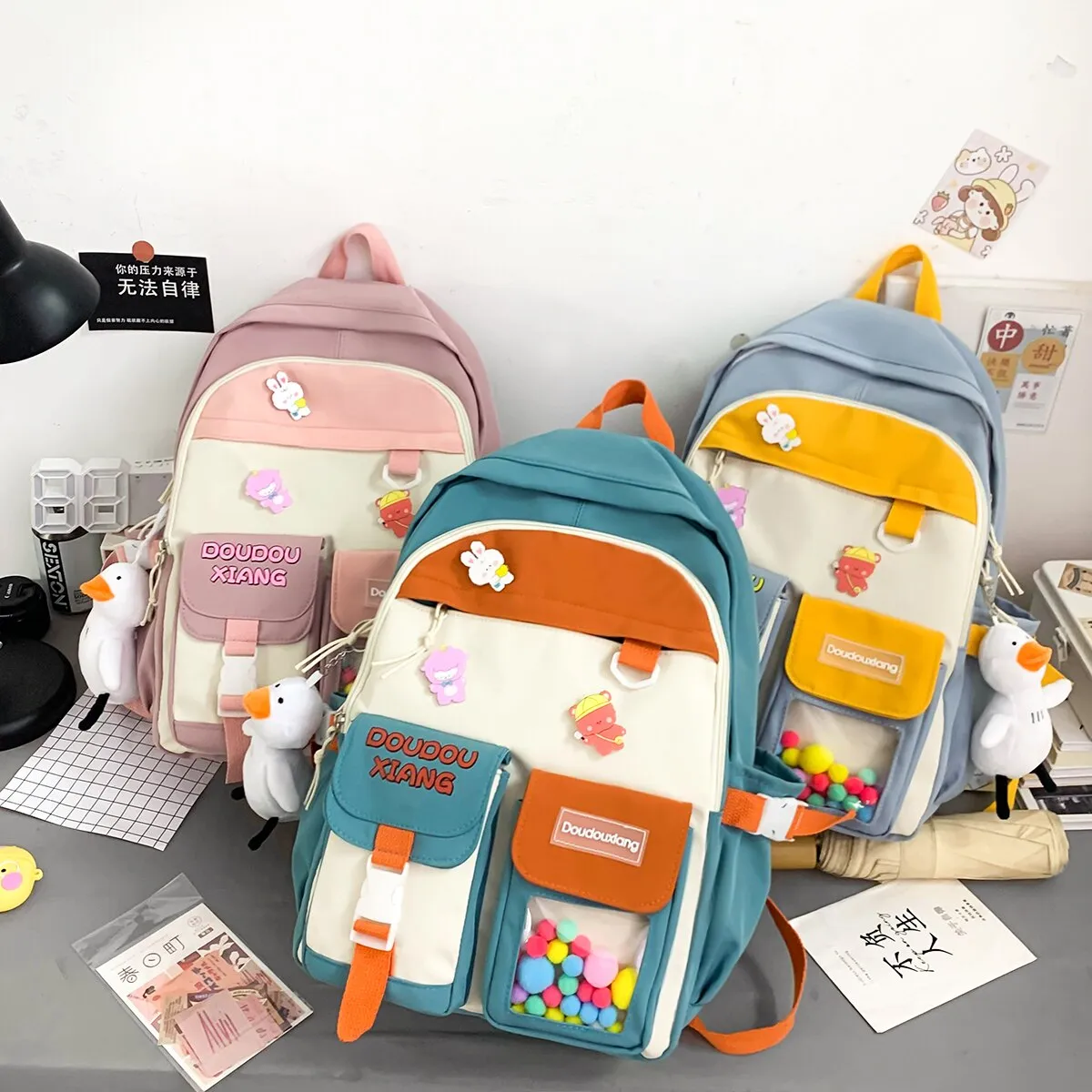 Back to College New Morandi Color Large Capacity Backpack Women Waterproof Schoolbag for Teenager Girls Cute Pins Kawaii Travel Hairball Bags