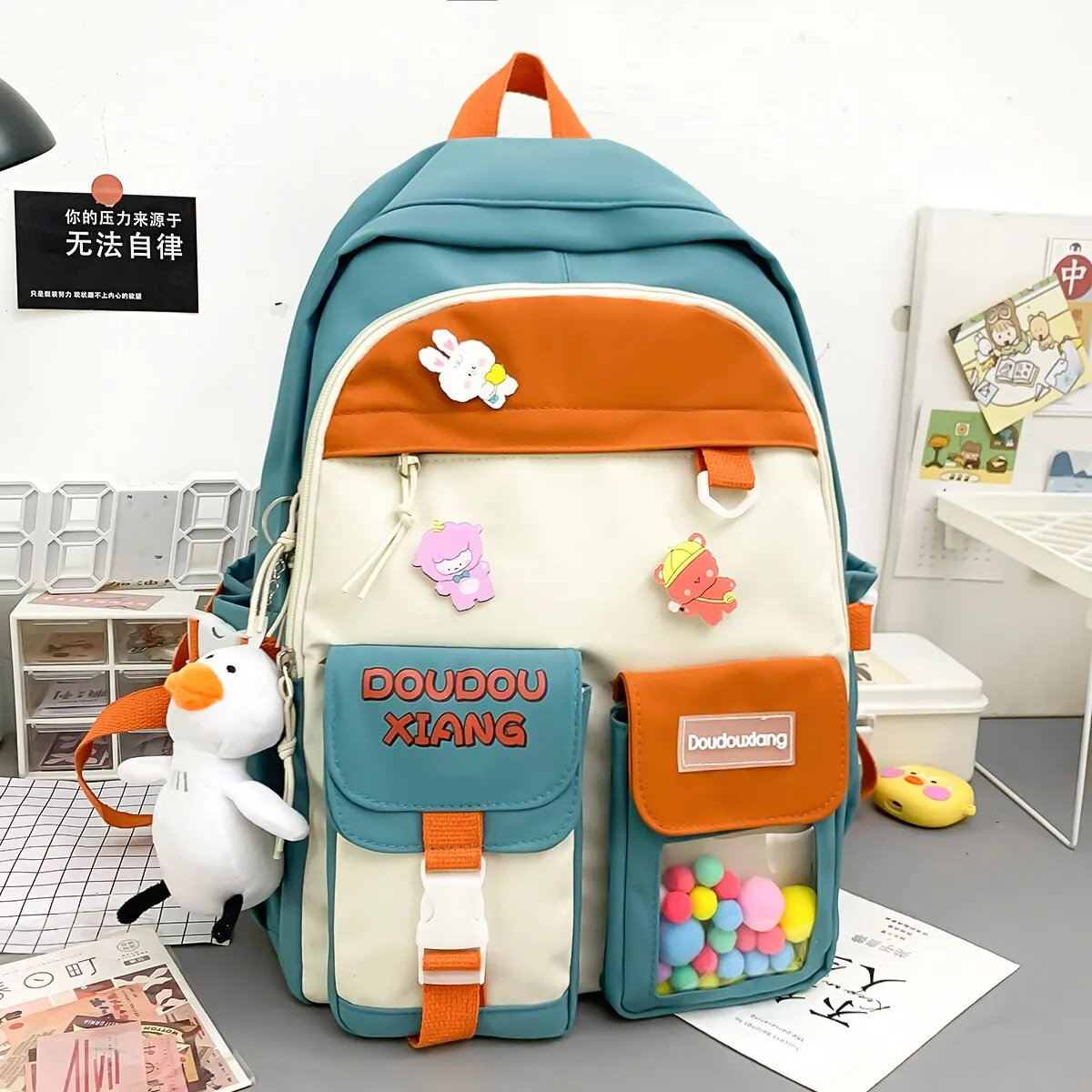 Back to College New Morandi Color Large Capacity Backpack Women Waterproof Schoolbag for Teenager Girls Cute Pins Kawaii Travel Hairball Bags
