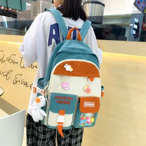 Back to College New Morandi Color Large Capacity Backpack Women Waterproof Schoolbag for Teenager Girls Cute Pins Kawaii Travel Hairball Bags