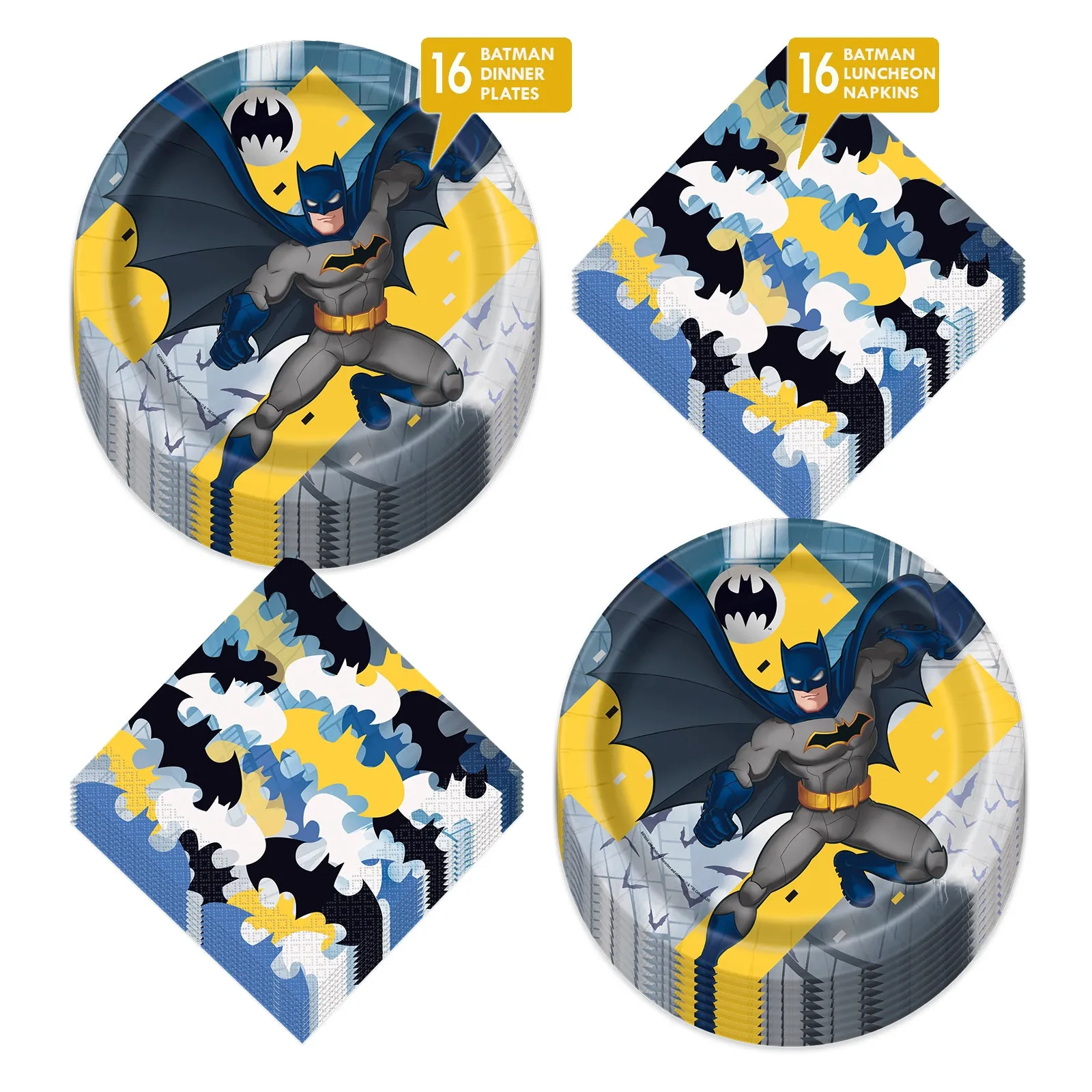 Batman Party Supplies - Batman Superhero Paper Dinner Plates and Lunch Napkins (Serves 16)