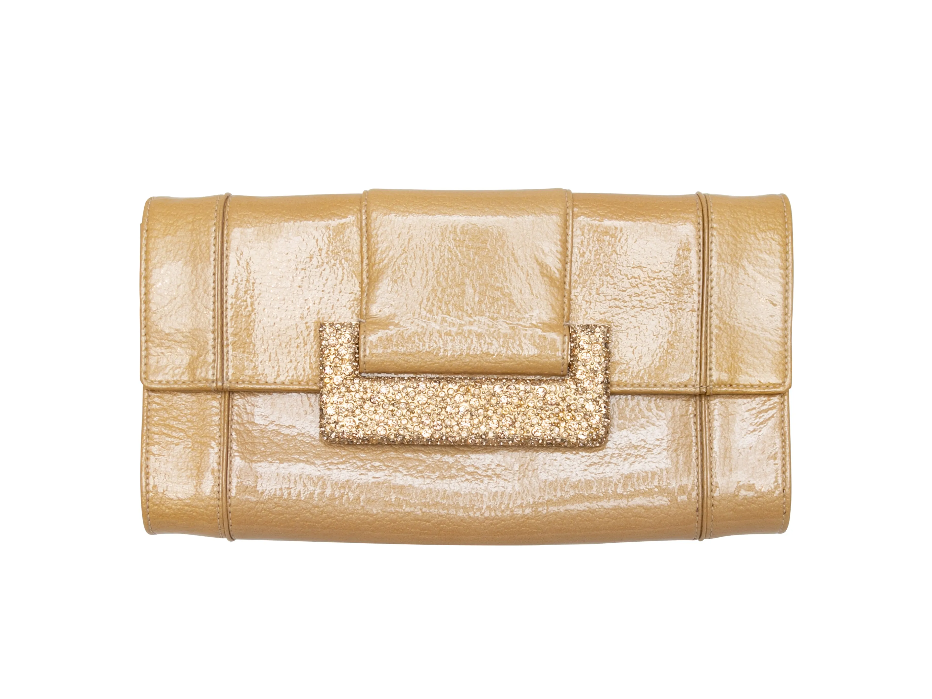 Beige Judith Leiber Patent Embellished Clutch