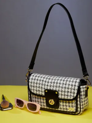 Berrylush Women White & Black Quilted Pattern PU Fabric Detachable Sling Strap Regular Shoulder Bag
