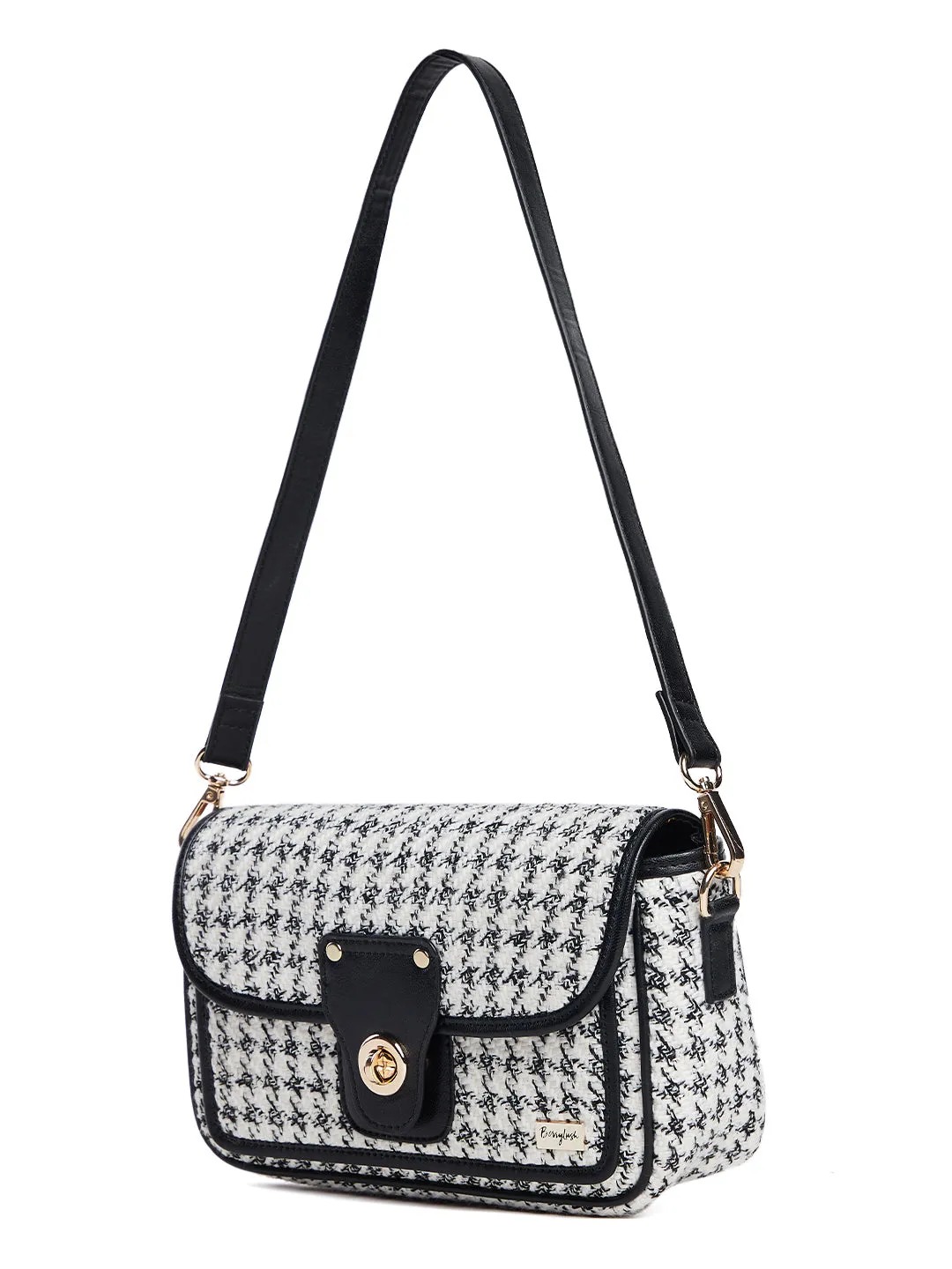 Berrylush Women White & Black Quilted Pattern PU Fabric Detachable Sling Strap Regular Shoulder Bag