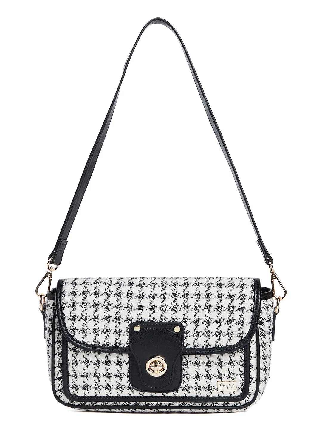 Berrylush Women White & Black Quilted Pattern PU Fabric Detachable Sling Strap Regular Shoulder Bag