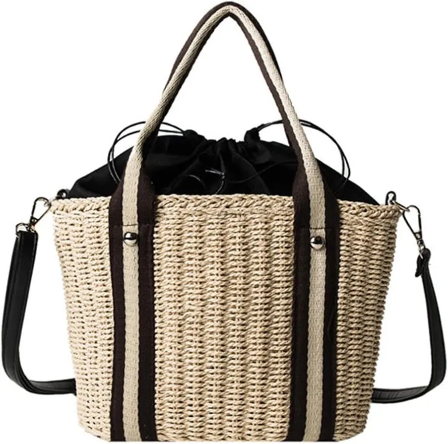 Big Bucket Straw Handbags for Women Summer Shoulder Bags Travel Purses Handbags Casual Shoulder Bag (Photo Colour, One Size)