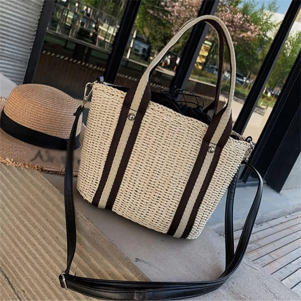 Big Bucket Straw Handbags for Women Summer Shoulder Bags Travel Purses Handbags Casual Shoulder Bag (Photo Colour, One Size)