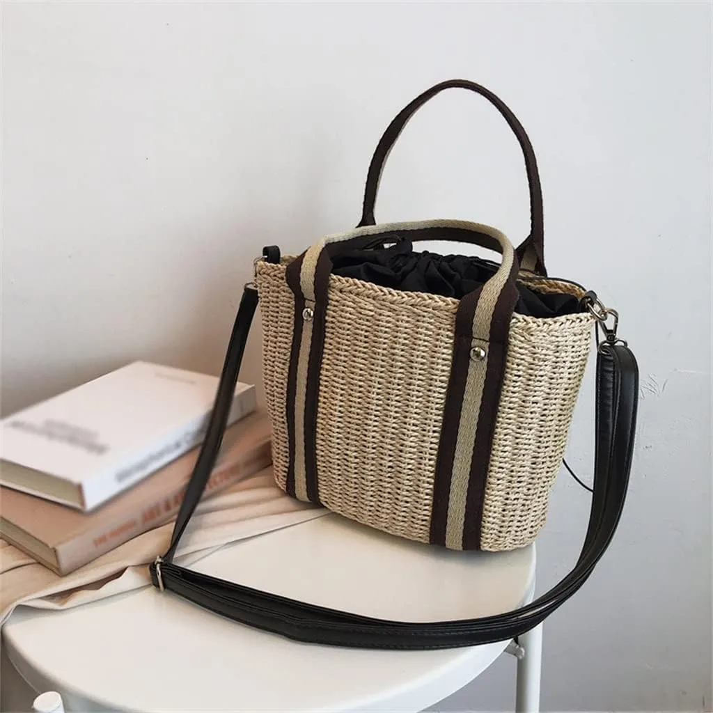 Big Bucket Straw Handbags for Women Summer Shoulder Bags Travel Purses Handbags Casual Shoulder Bag (Photo Colour, One Size)