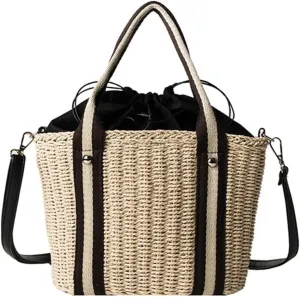 Big Bucket Straw Handbags for Women Summer Shoulder Bags Travel Purses Handbags Casual Shoulder Bag (Photo Colour, One Size)