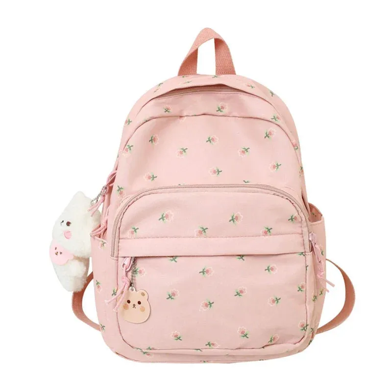 binfenxie Small Nylon Women Backpacks Casual Lightweight Daypack Anti-Theft Bookbag with Cute Plush Bear Charm for Girls