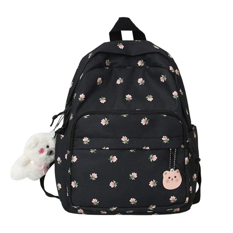 binfenxie Small Nylon Women Backpacks Casual Lightweight Daypack Anti-Theft Bookbag with Cute Plush Bear Charm for Girls