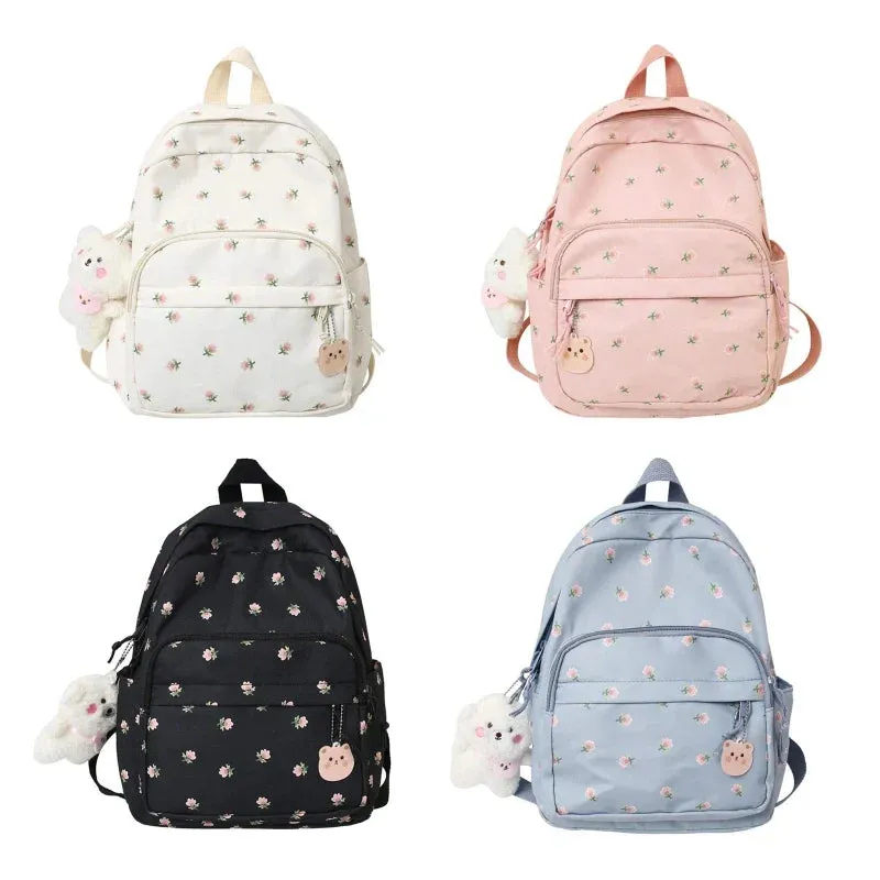 binfenxie Small Nylon Women Backpacks Casual Lightweight Daypack Anti-Theft Bookbag with Cute Plush Bear Charm for Girls