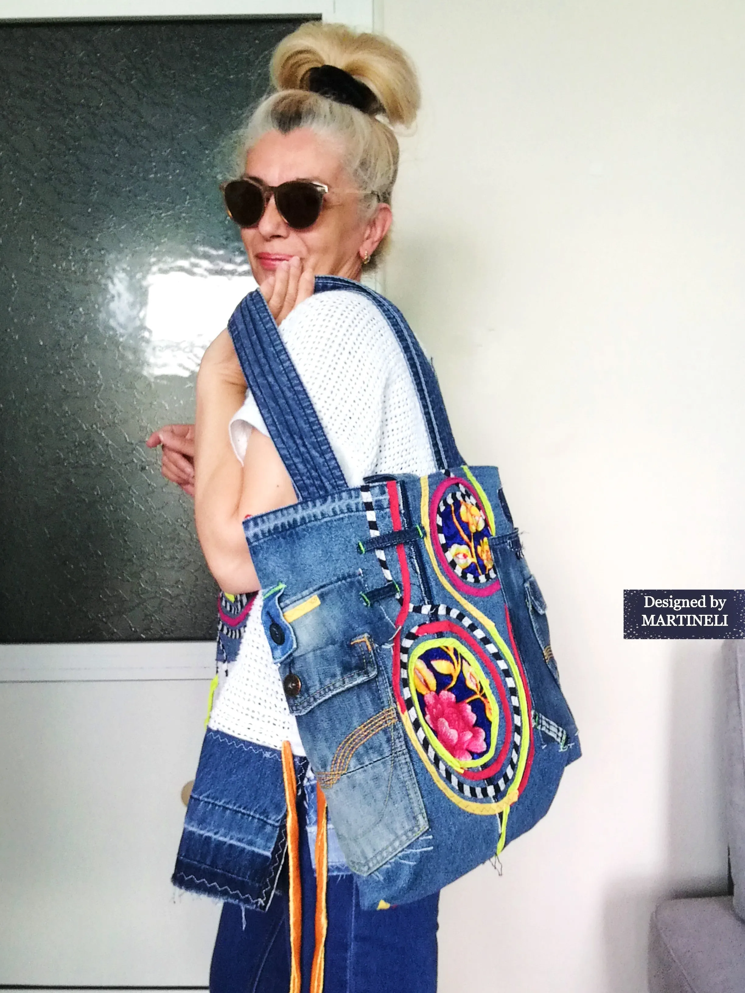 Boho Denim Tote Bag Embroidered Large Shoulder Purse Bag