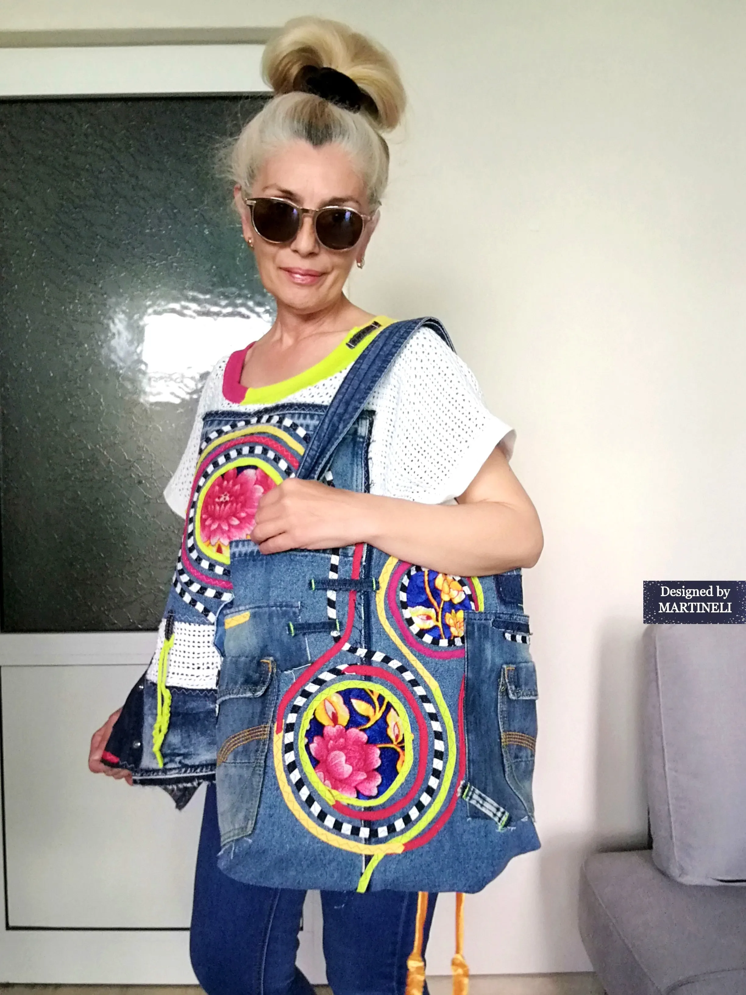 Boho Denim Tote Bag Embroidered Large Shoulder Purse Bag