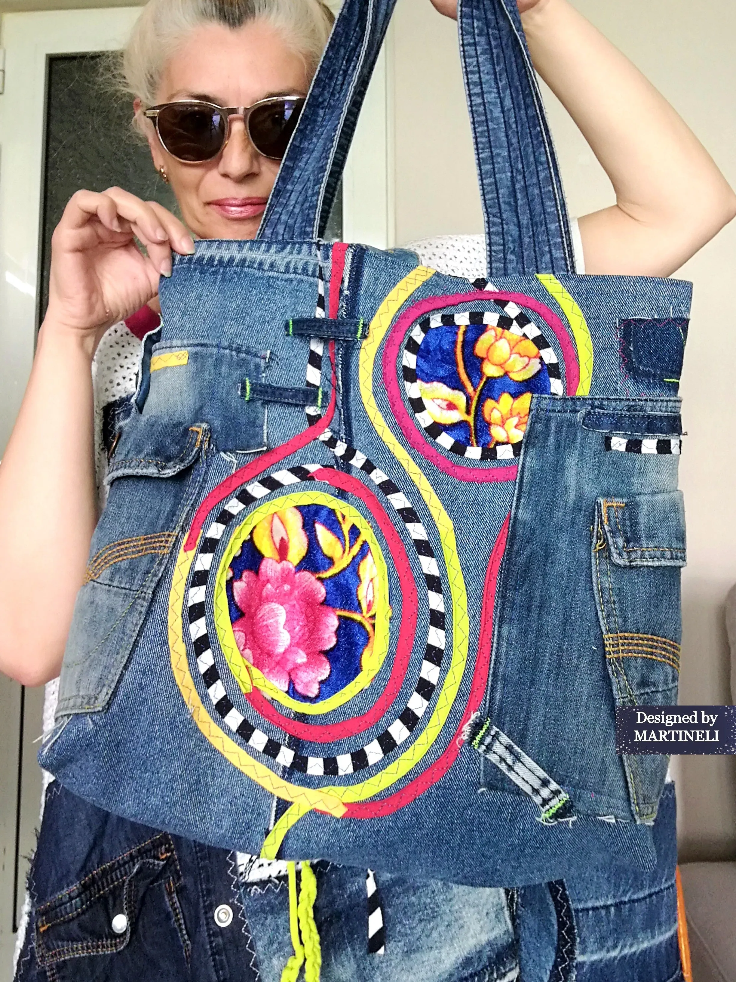 Boho Denim Tote Bag Embroidered Large Shoulder Purse Bag