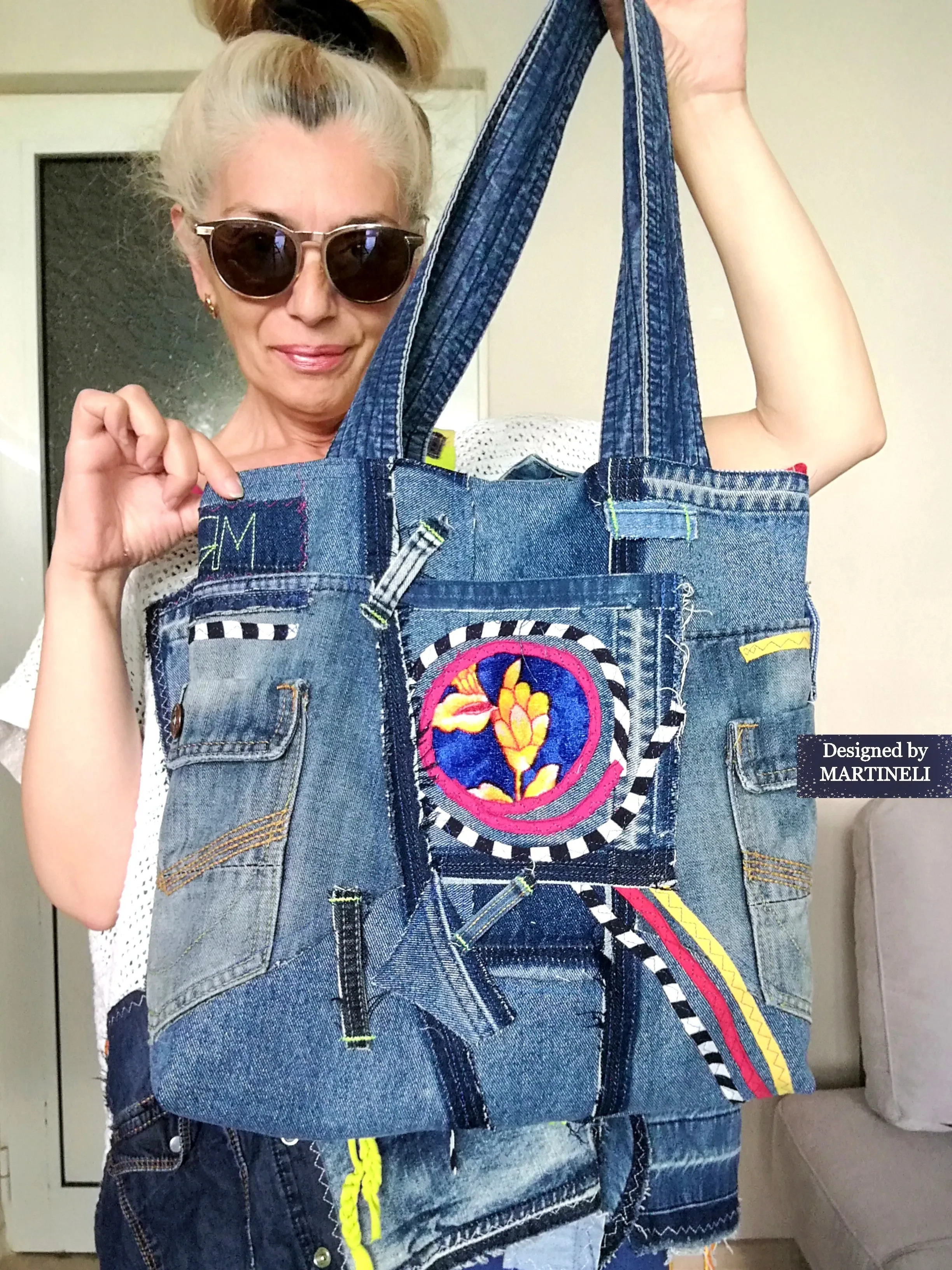 Boho Denim Tote Bag Embroidered Large Shoulder Purse Bag