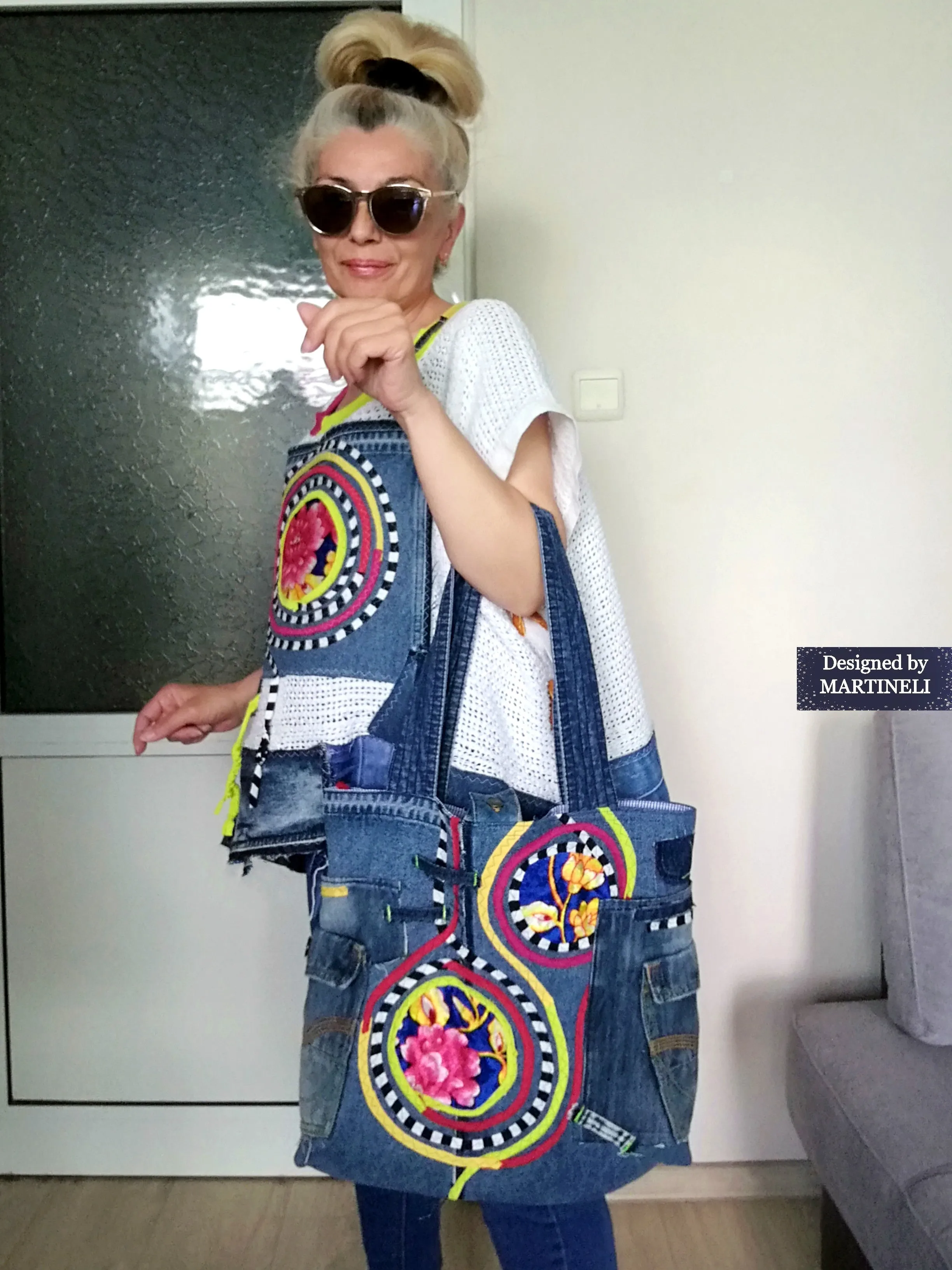 Boho Denim Tote Bag Embroidered Large Shoulder Purse Bag