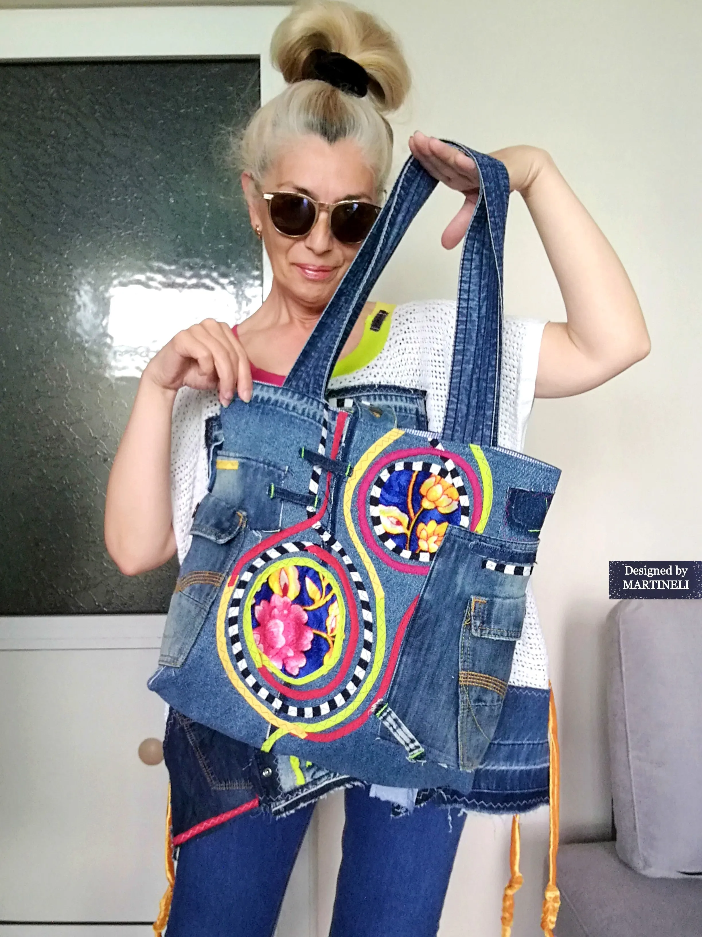 Boho Denim Tote Bag Embroidered Large Shoulder Purse Bag