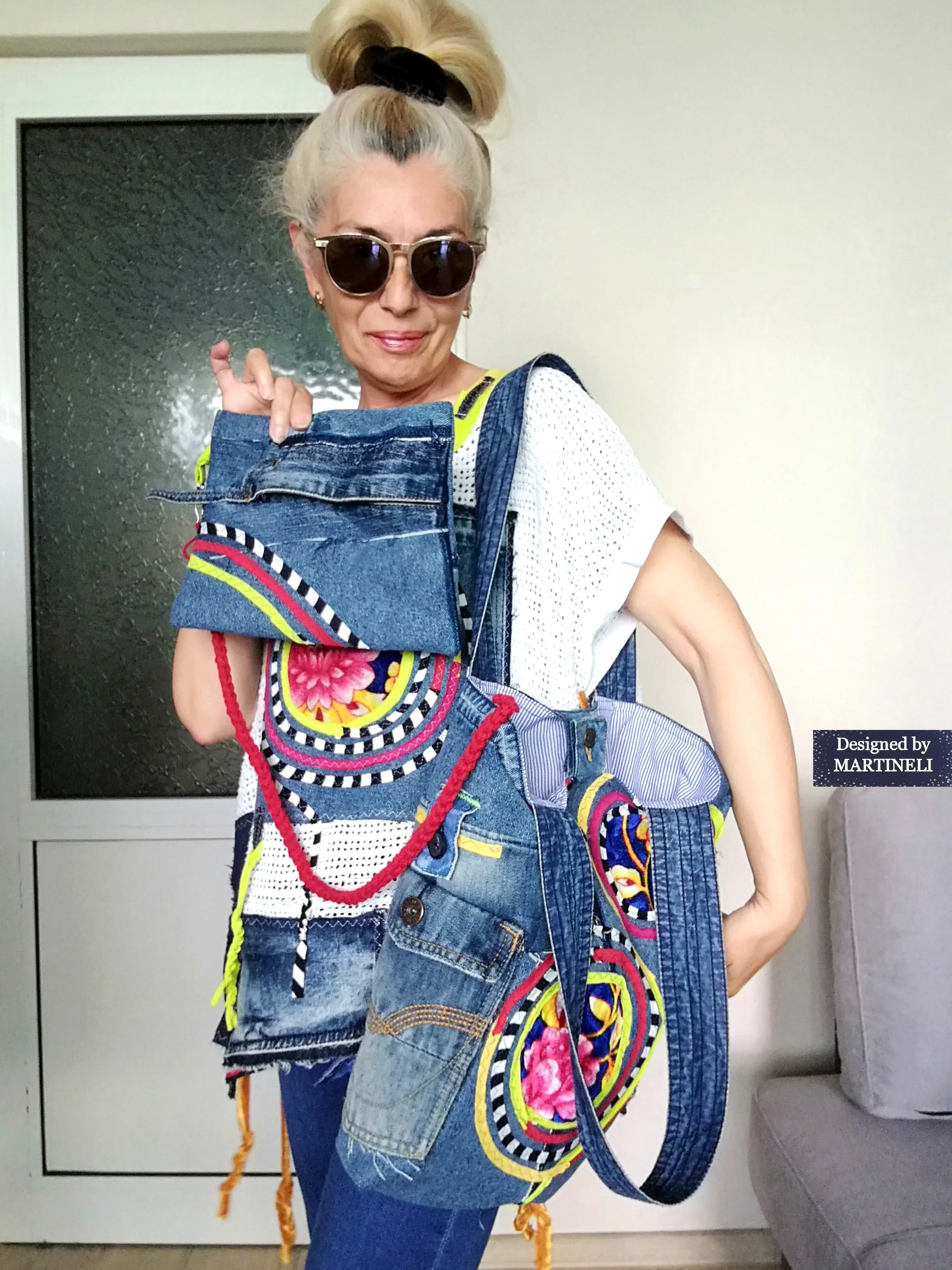 Boho Denim Tote Bag Embroidered Large Shoulder Purse Bag