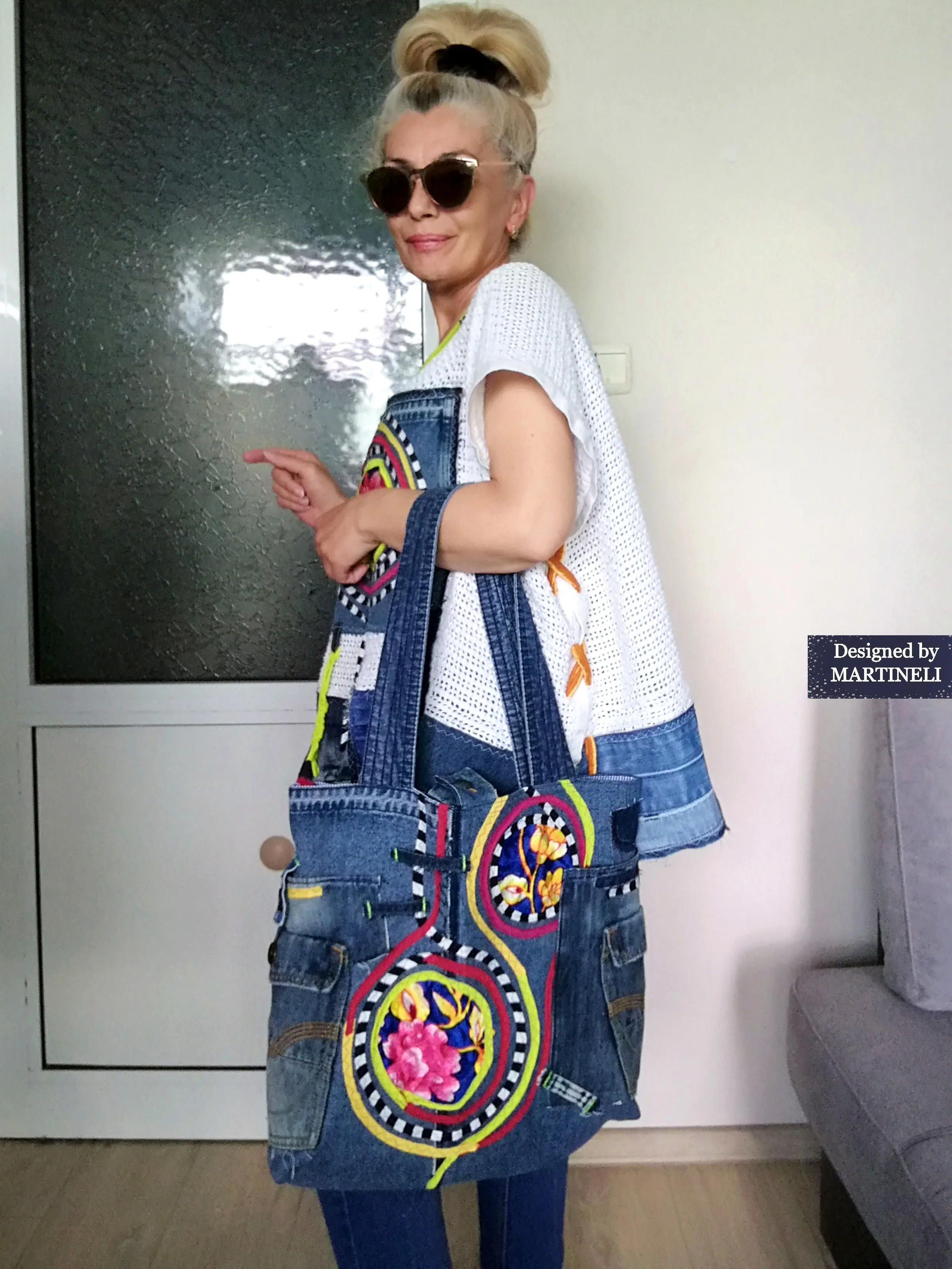 Boho Denim Tote Bag Embroidered Large Shoulder Purse Bag
