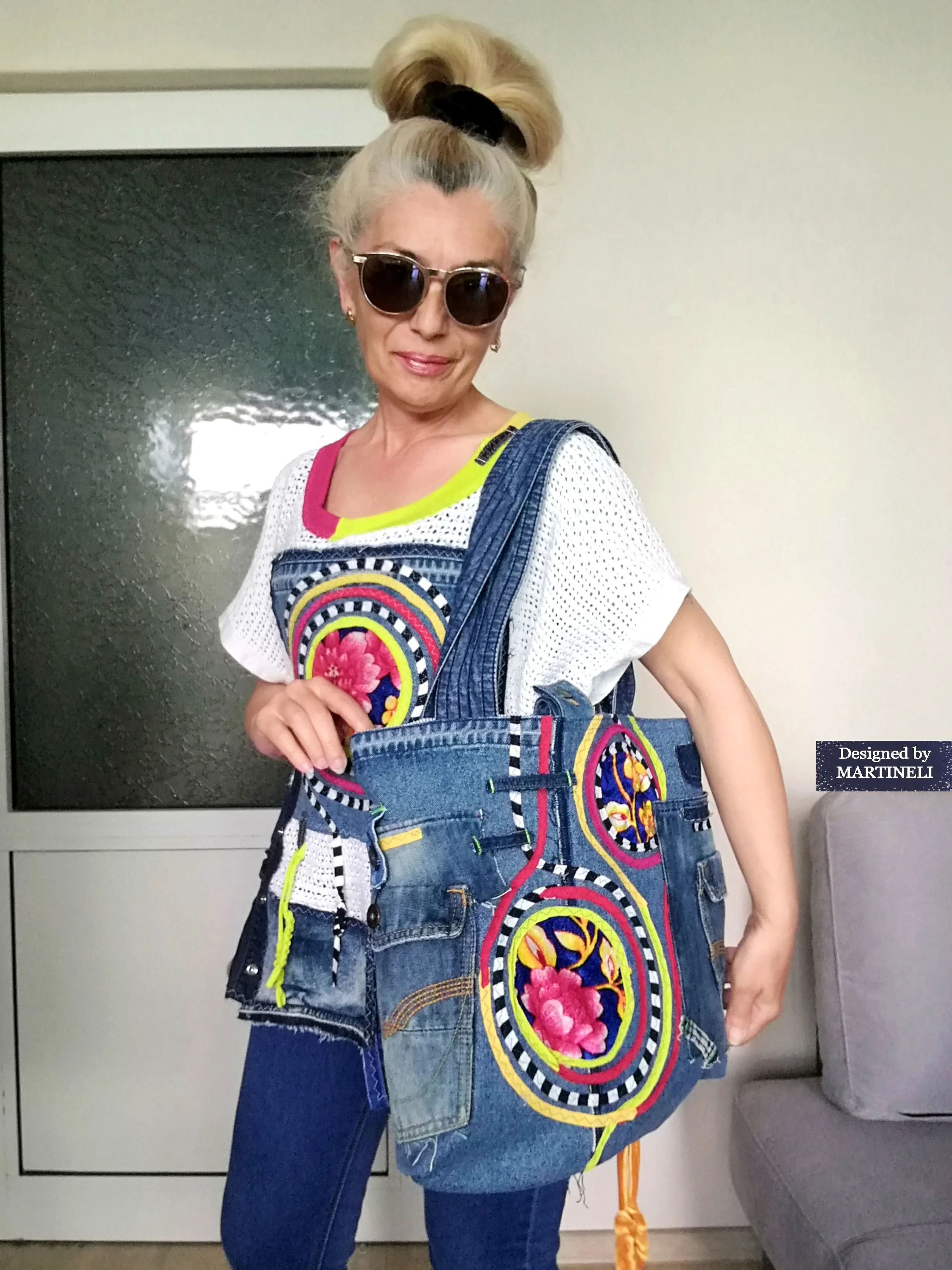 Boho Denim Tote Bag Embroidered Large Shoulder Purse Bag