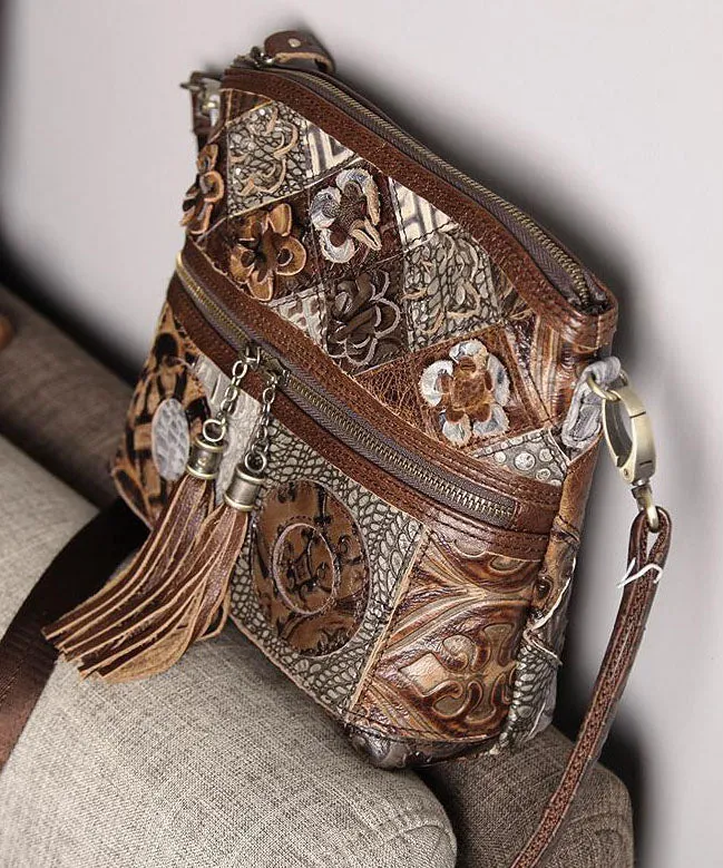 Boutique Coffee Tassel Patchwork Zip Up Calf Leather Satchel Bag Handbag LY1370
