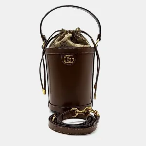 Brown/Beige Leather and Canvas Mini Ophidia Bucket Bag