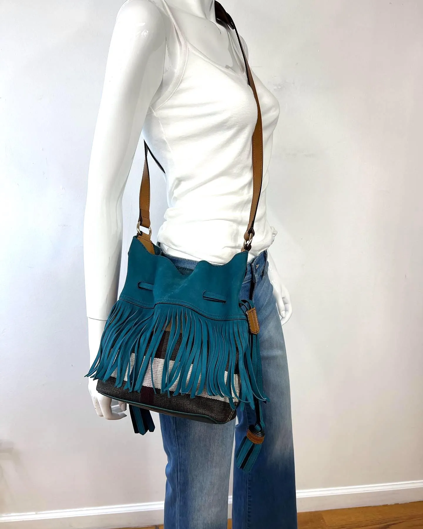 BURBERRY SMALL SUEDE FRINGE BELGROVE BUCKET BAG