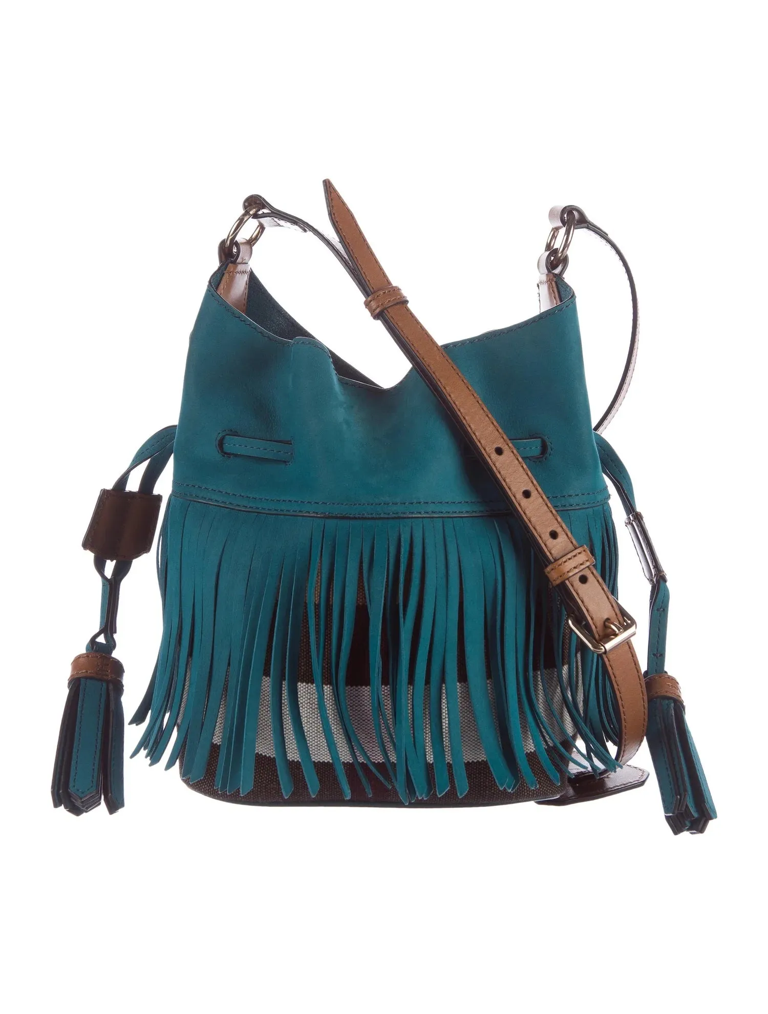 BURBERRY SMALL SUEDE FRINGE BELGROVE BUCKET BAG
