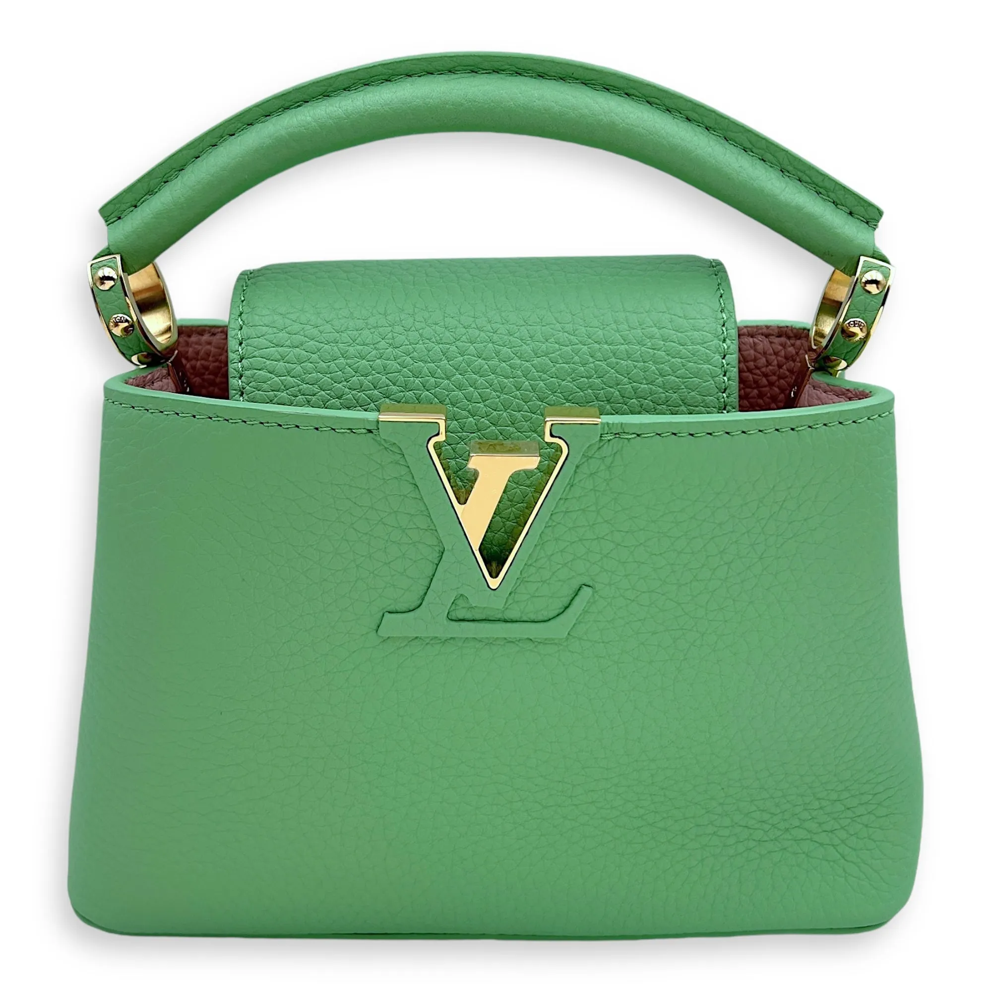 Capucines Mini Vert Pomme Crossbody Bag in Taurillon Leather, Gold hardware