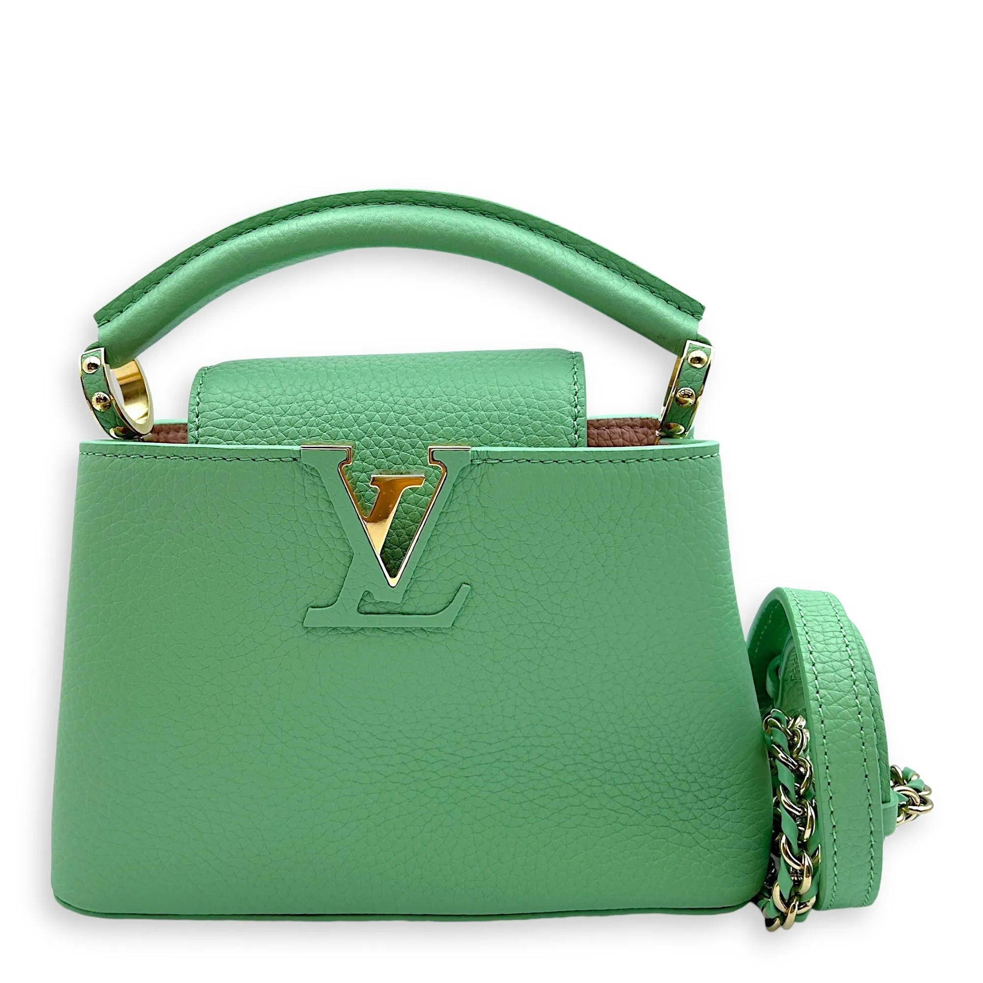 Capucines Mini Vert Pomme Crossbody Bag in Taurillon Leather, Gold hardware