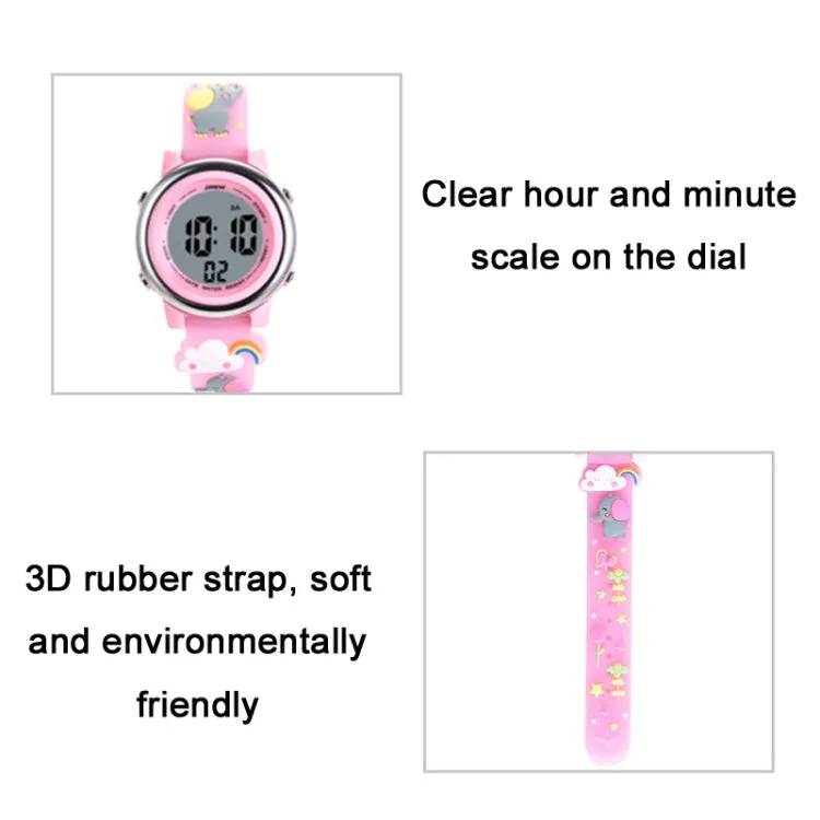Cartoon 3D Elephant LED Digital Watch for Kids - Waterproof Sports Alarm Timepiece